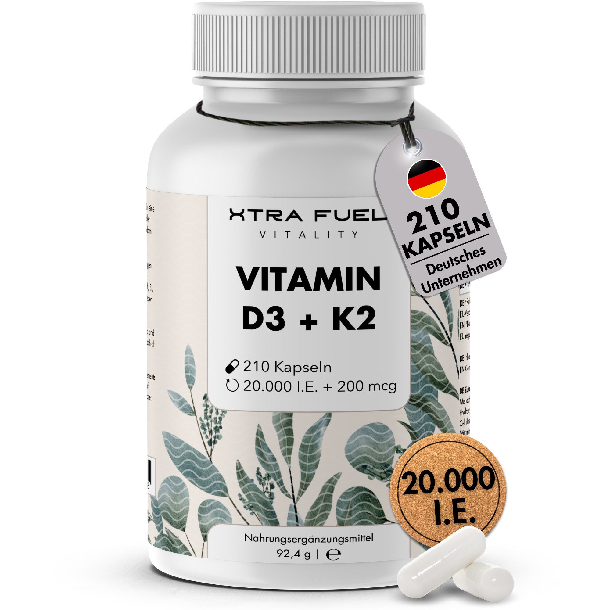 Vitamin D3 + K2 Kapseln - 20.000 I.E. + 200mcg - 100% rein & vegan Kapseln