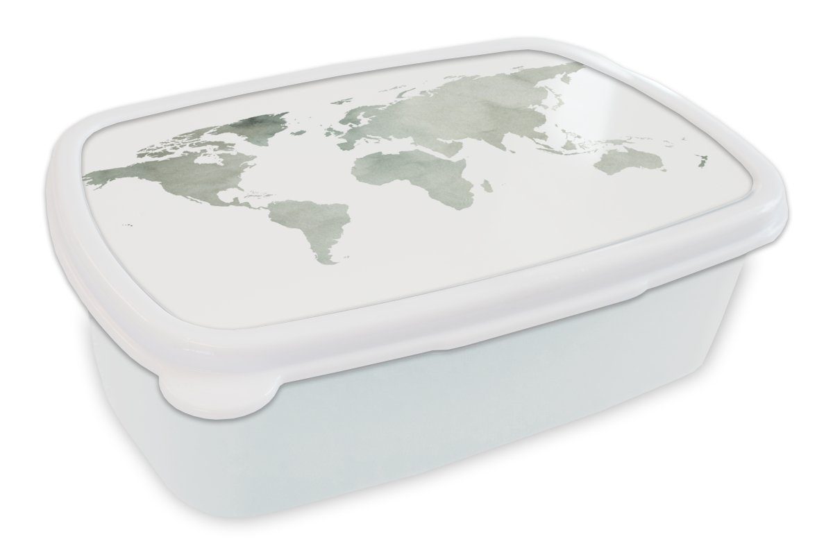 MuchoWow Lunchbox Weltkarte - Grau - Aquarell, Kunststoff, (2-tlg), Brotbox für Kinder und Erwachsene, Brotdose, für Jungs und Mädchen weiß
