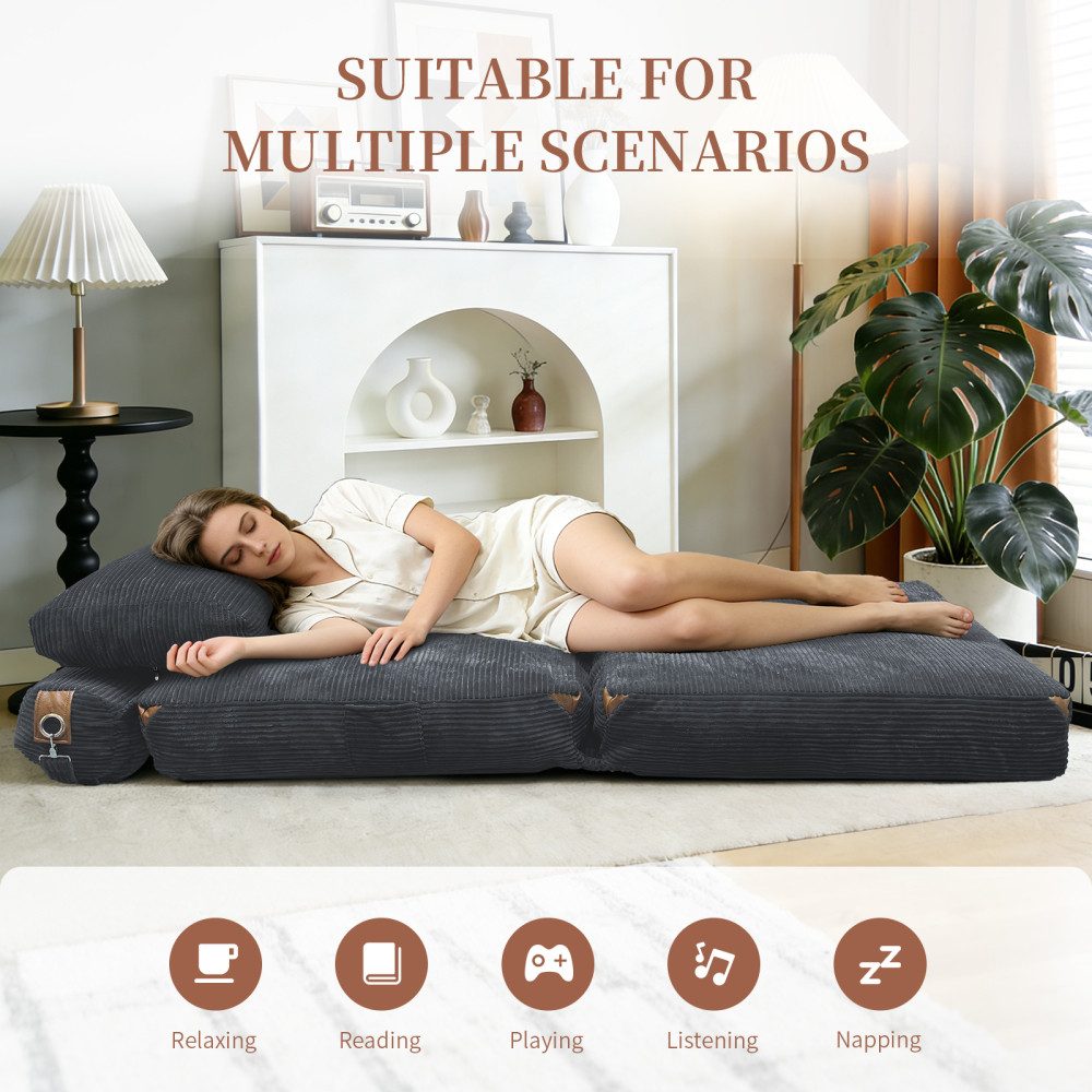 BBG Loungesofa Schlafsessel 1-Sitzer mit Seitentaschen, klappbarer Loungesessel, Relaxsessel Einzelsofa, ausziehbarer Schlafstuhl mit Flanell-Bezug, platzsparendes Funktionssofa für Wohnzimmer & Gästezimmer