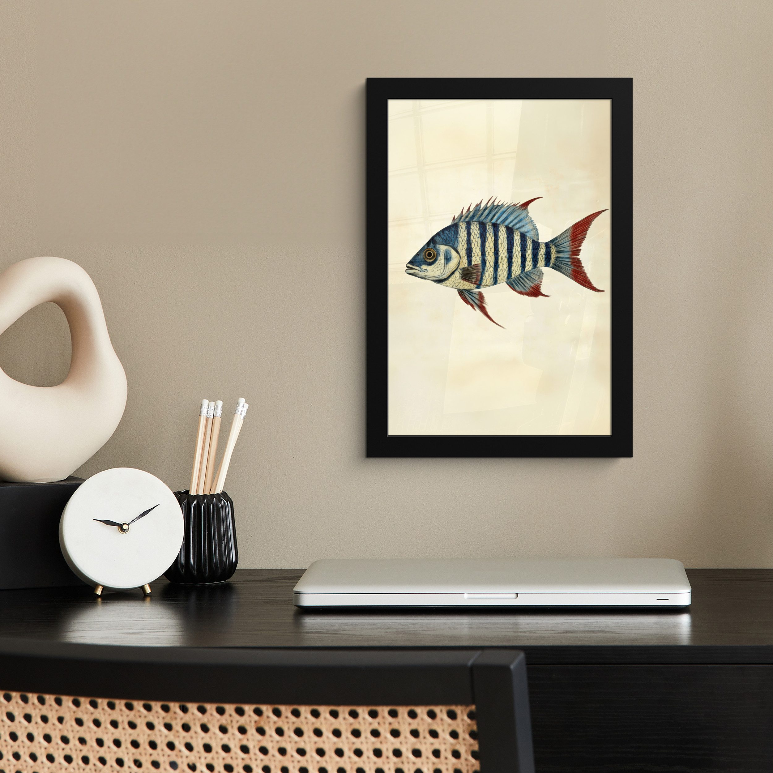 MuchoWow Poster Gestreift - Dunkelblau - Rückenflosse - Fisch, (1 St), Bilderrahmen, Zimmer Deko, Bild für Wohnzimmer, 20x30 cm