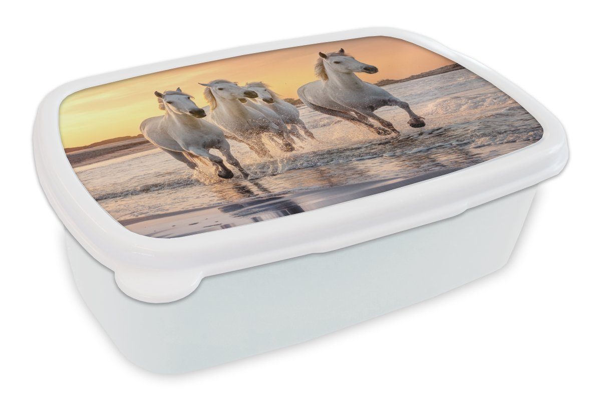 MuchoWow Lunchbox Pferde - Sonne - Meer - Strand - Tiere, Kunststoff, (2-tlg), Brotbox für Kinder und Erwachsene, Brotdose, für Jungs und Mädchen weiß