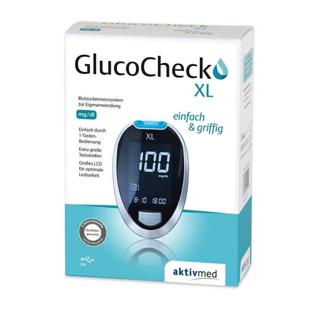 aktivmed Blutzuckermessgerät Glucocheck XL Blutzuckermessgerät Set mmol/l oder mg/dl, Kombi-Set, Batterieaustausch-Service, Teststreifen-Auswurftaste, Blutzuckerüberwachung, Diabetesmanagement, Automatische Teststreifenerkennung, Blutzuckermessung ohne Kodierung