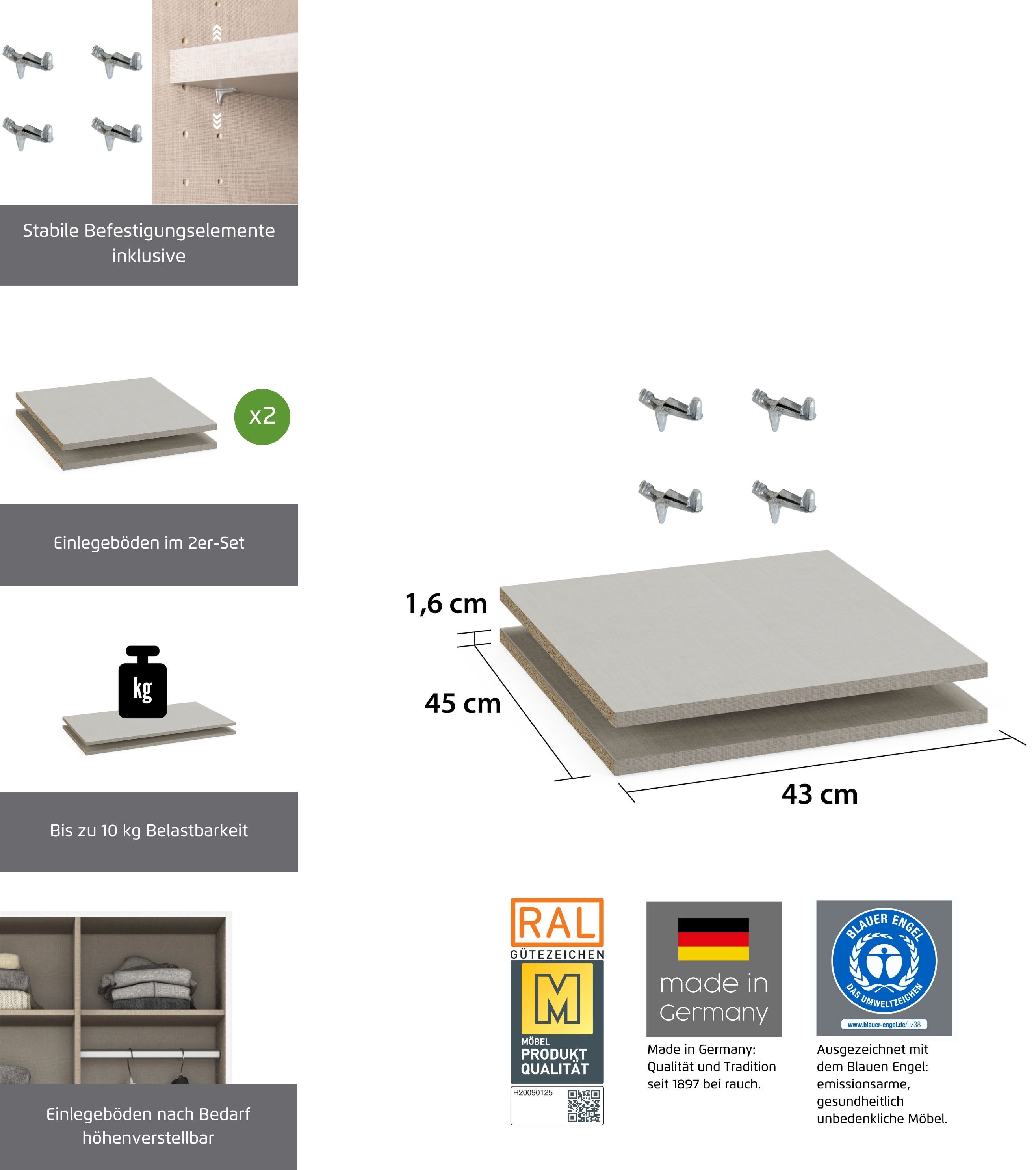 rauch Einlegeboden Zubehör für Rauch-Drehtürenschränke ORANGE, 2er-Set Breite 43 cm, Tiefe 45 cm