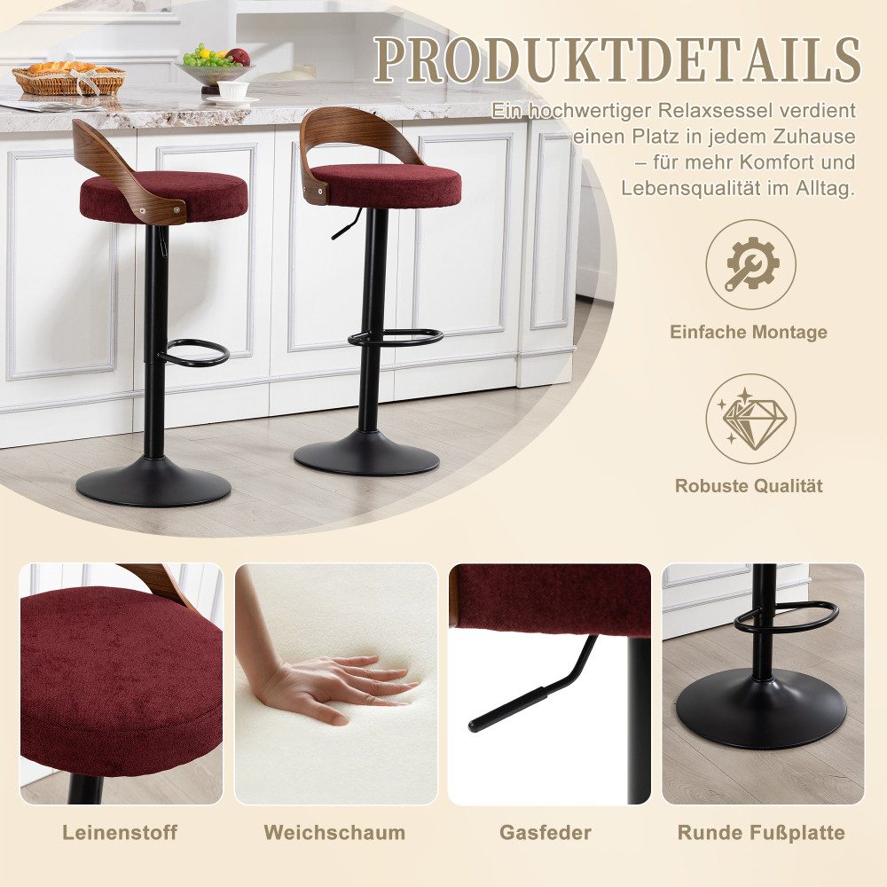 BBWL Barhocker 2er Set mit Rückenlehne Walnussoptik und PU Leder Sitz, Barhocker drehbar höhenverstellbar modern – Bild 5 von 5