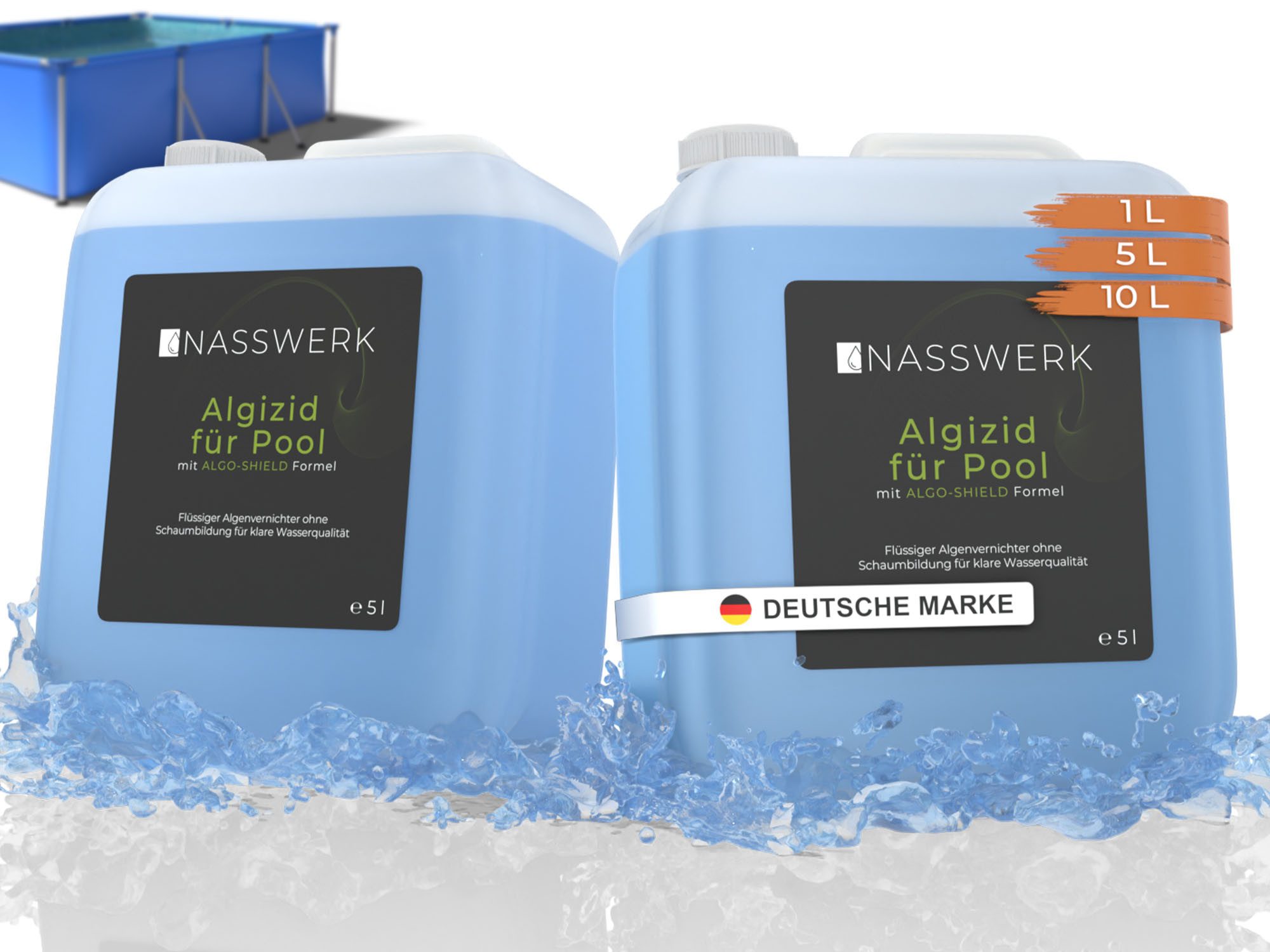 Nasswerk® Algenbekämpfung Schaumfreies Algizid flüssig blau mit Klareffekt für Pools 5-10 l, Flüssiges Pool-Algizid mit ALGO-SHIELD Formel