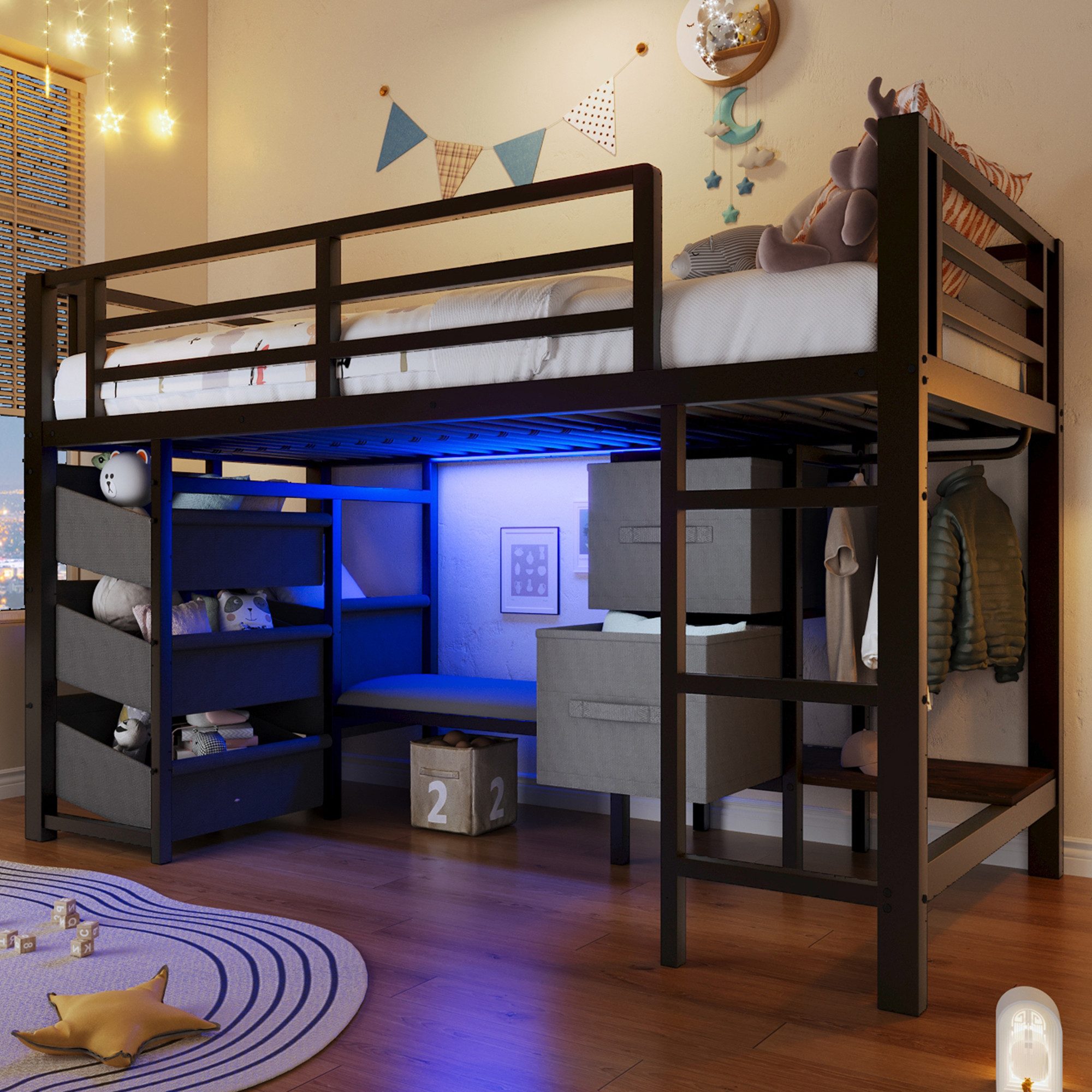 OKWISH Kinderbett Hochbett Stauraumbett (mit Sitzkissen, Stoffschublade und LED-Beleuchtung – Metallrahmen, Aufhängebereich, 90x200 cm), ohne Matratze