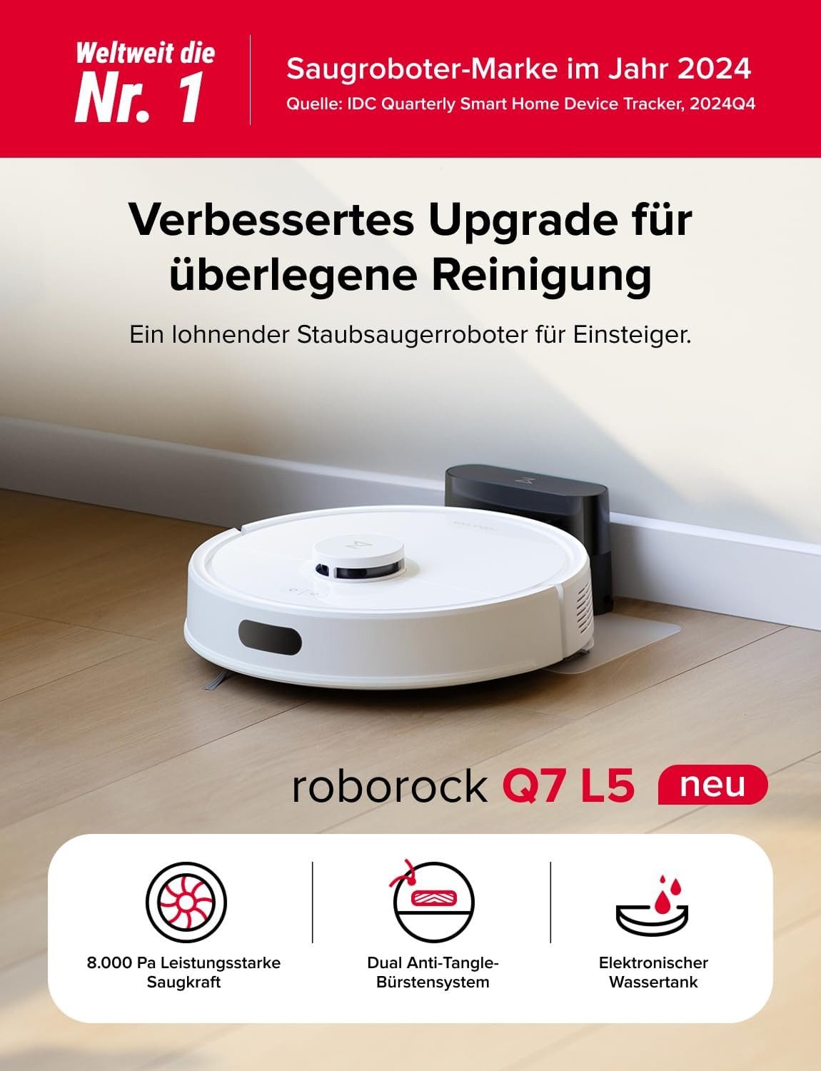 Roborock Saugroboter Q7 L5/Q7 M5,8000 Pa/10000Pa(Upgrade von Q5 Pro), Einstiegsleistung, Perfekt für Haustierbesitzer, Dual Anti-Tangle System,Präzise Navigation, App-Steuerung