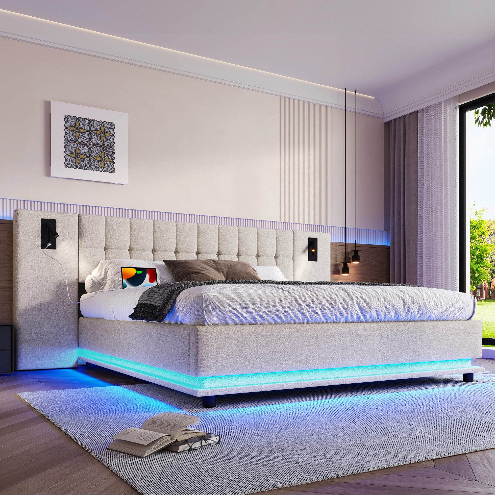 Flieks Polsterbett, Doppelbett 180x200cm mit breitem Kopfteil, LED-Leiste, günstig online kaufen