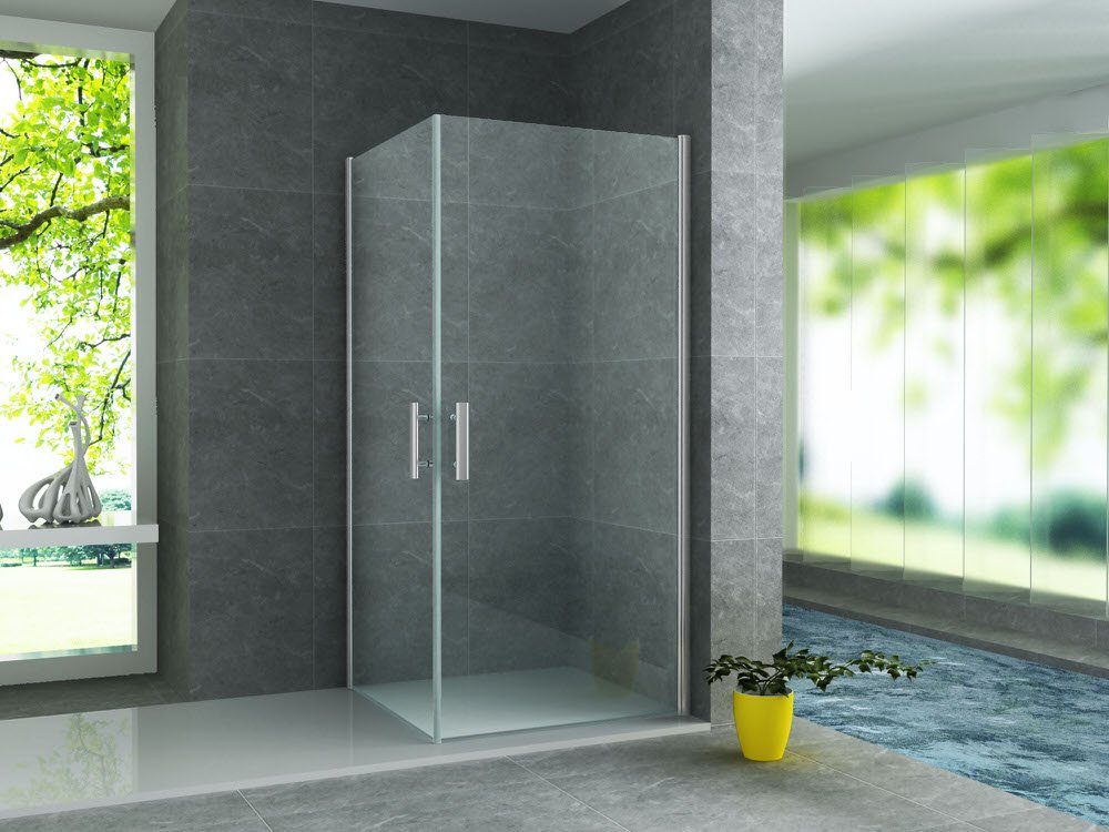Aloni Eckdusche CR24-9090, 1-tlg., Aloni Eck-Duschkabine Doppel-Schwingtüren Klarglas 6 mm 90x90x190