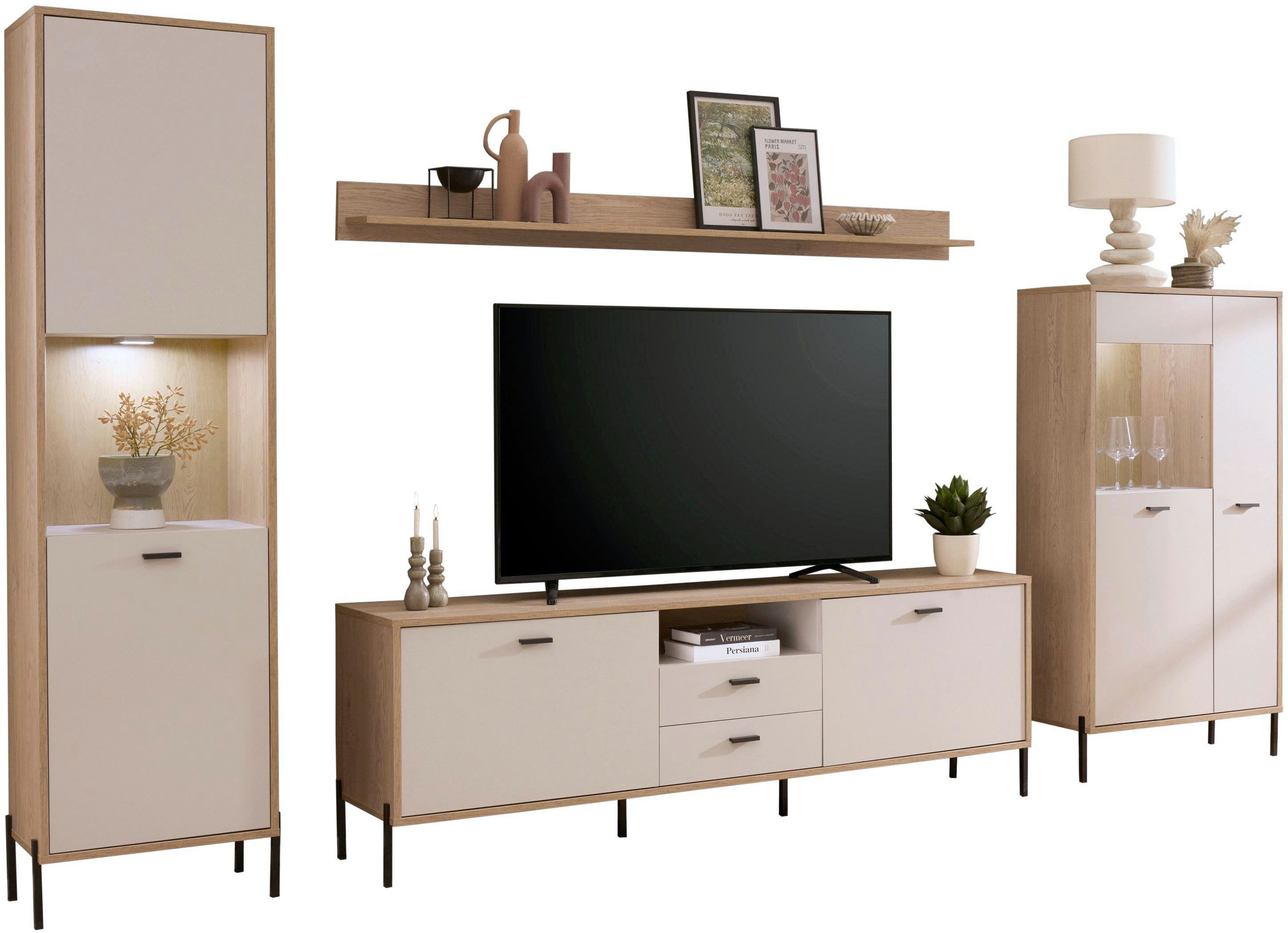 Home affaire Wohnwand Fredericia, moderne Anbauwand, Komplettset in Kaschmir, (Set, 4-St), enthält zwei Vitrinen, Lowboard und Wandboard, 349 cm breit