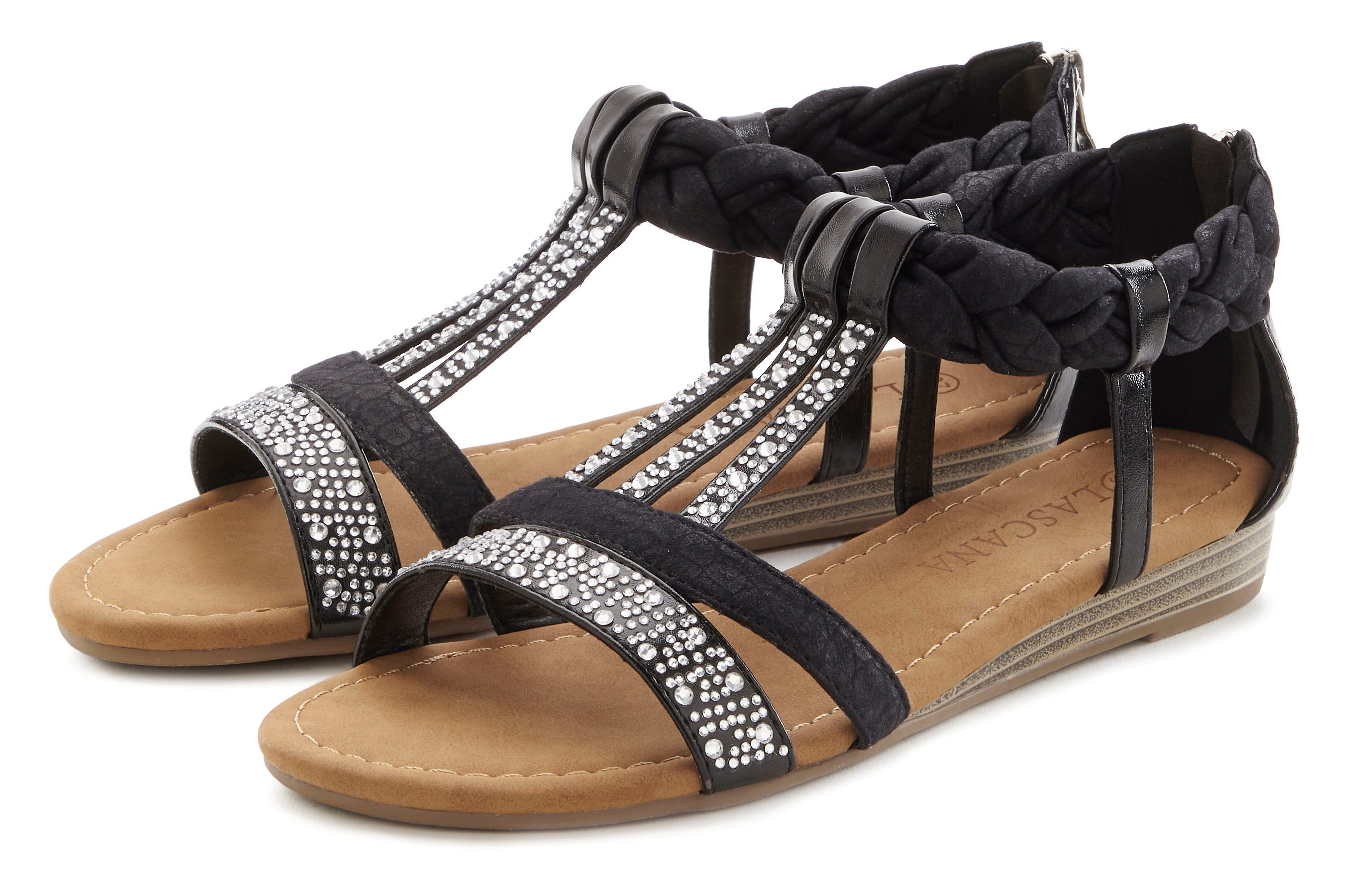 LASCANA Sommerschuh, Sandalette Sandale mit Glitzersteinen und kleinem Keilabsatz im Festival-Look VEGAN