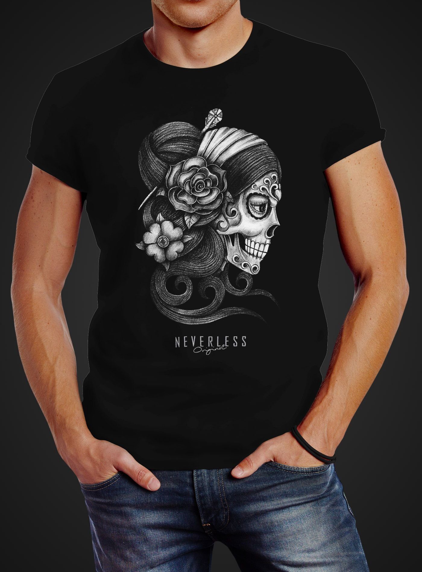 Neverless Print-Shirt Herren T-Shirt Santa Muerte günstig online kaufen