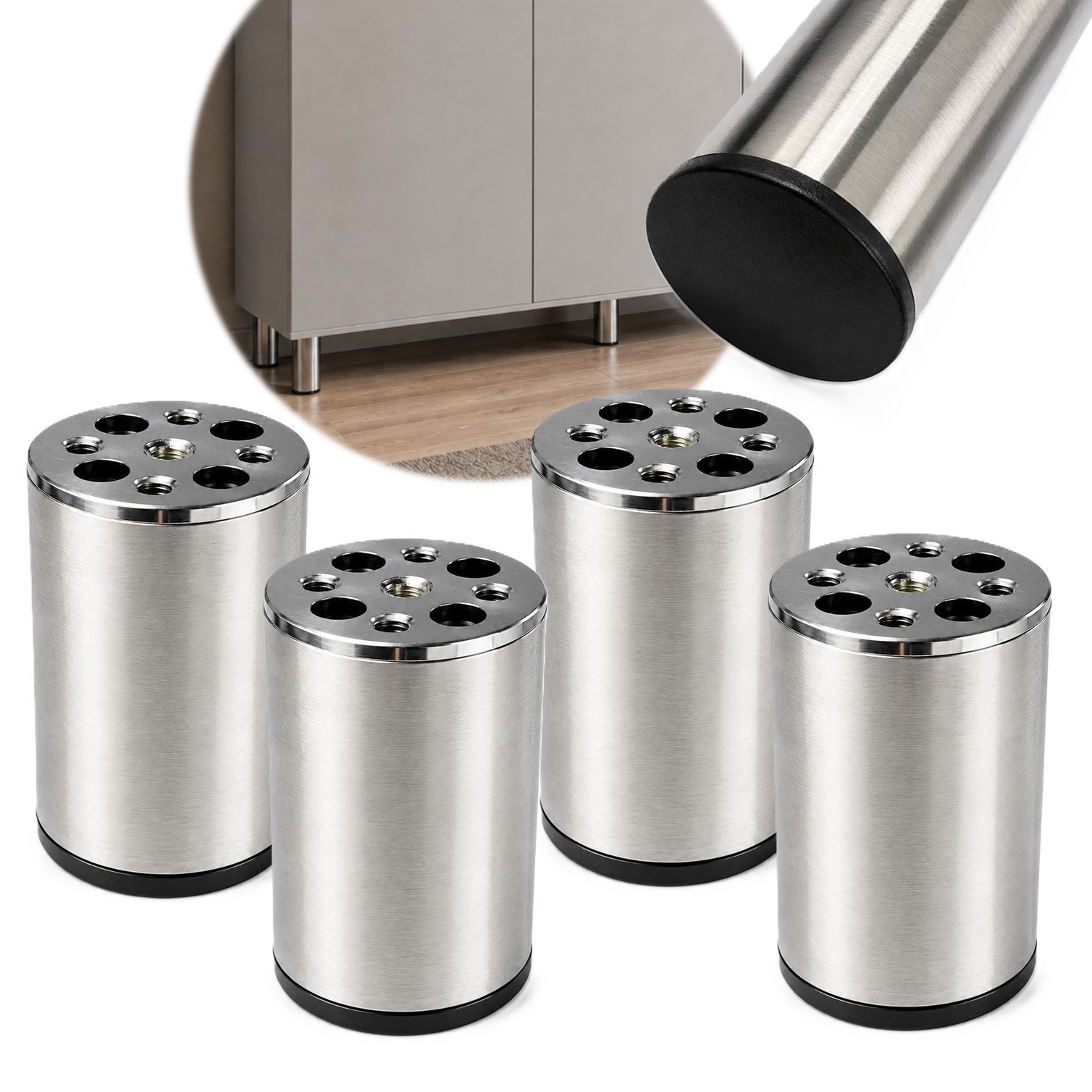 HOOZ Möbelfuß Edelstahl 80mm 4er Set gebürstet Ø50mm mit Kunststoffgleiter, (Set, 4-St., 4er-Set Möbelbeine), 3 mm Montageplatte mit M8-Gewinde und Kunststoffgleiter