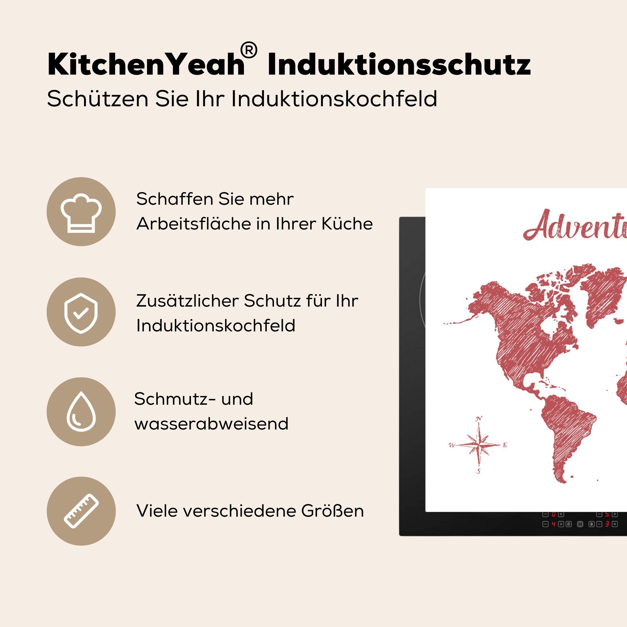 MuchoWow Herdblende-/Abdeckplatte Weltkarte - Rot tlg), küche, - cm, für Vinyl, 71x52 (1 Ceranfeldabdeckung die Schutz Induktionskochfeld Weiß