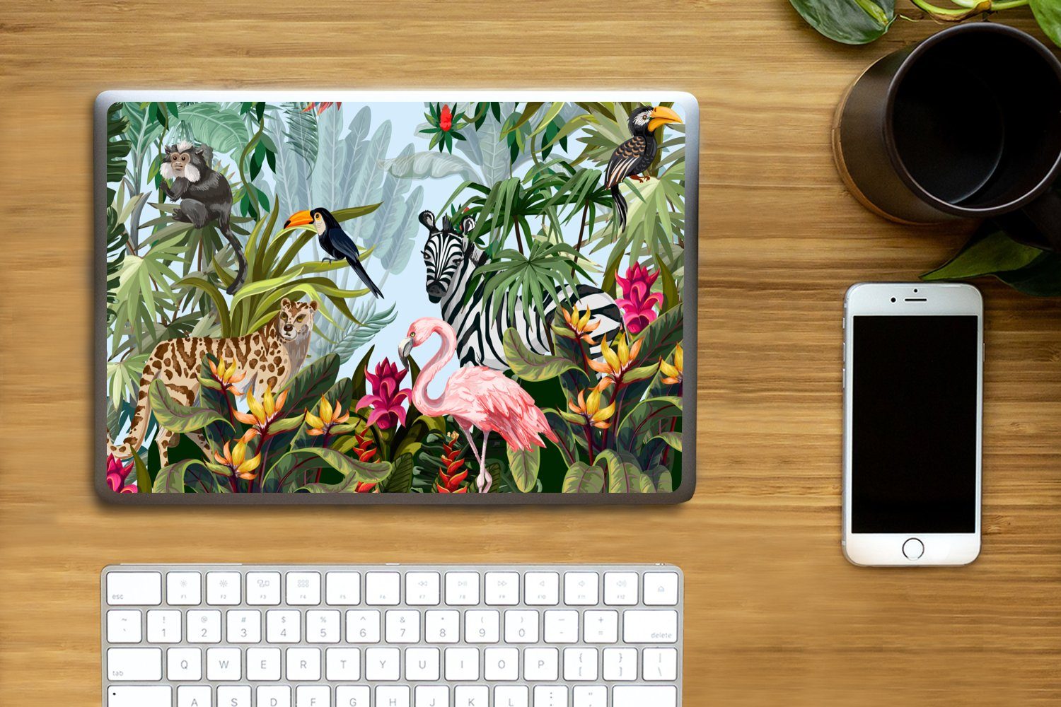 Thumbnail - MuchoWow Laptop-Aufkleber Dschungel - Natur - Jungen - Mädchen - Kinder - Zebra - Flamingo, (1tlg), Laptop Folien Cover,...