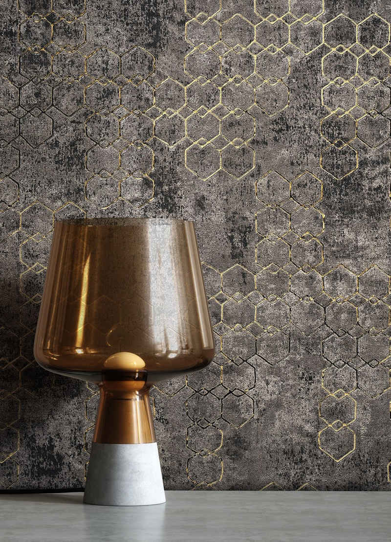 Newroom Vliestapete, Schwarz Tapete Leicht Glänzend Modern - Mustertapete Metalic Gold Grau Hexagon Grafisch für Schlafzimmer Wohnzimmer Küche