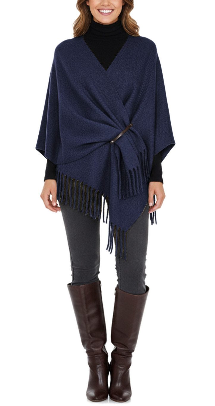 dy_mode Strickponcho 3-in-1 Damen Poncho, Umhang, Stola & Winterschal mit Fransen in Unifarbe, mit Fransen, Multifunktionstuch