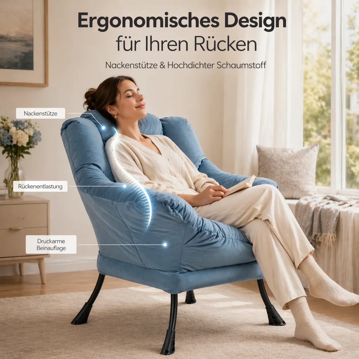 ANYSUN Loungesessel Relaxsessel aus Samt mit Nackenstütze, ergonomisch weich gepolstert (Sessel mit optionalem Fußhocker, Relaxsessel), Kompakter Relaxsessel 75 x 80 x 85 cm, wahlweise mit Fußhocker