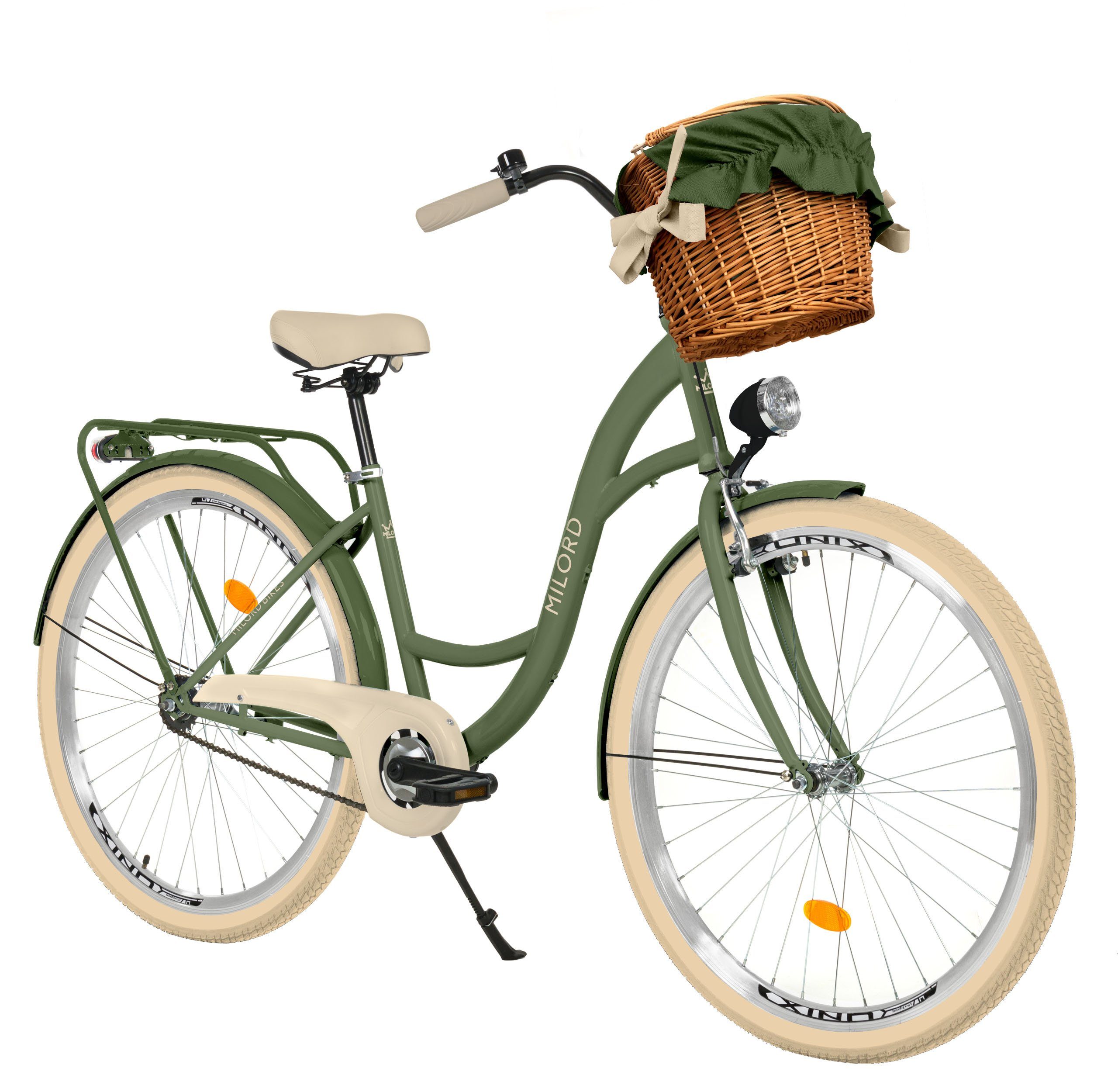 MILORD BIKES Cityrad Grün-Creme, City Weidenkorb 28/26 Damen, Fahrrad 1-Gang, Zoll, 1 Gang Milord