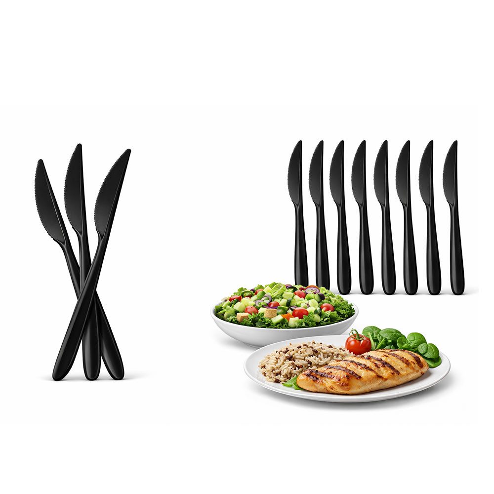 Lauroo Serviergabel 200 Stück Schwarzes Mehrweg Besteck Set – 100 Messer & 100 Gabeln (200 Stück), Wiederverwendbar, Spülmaschinengeeignet bis 125 Waschgänge