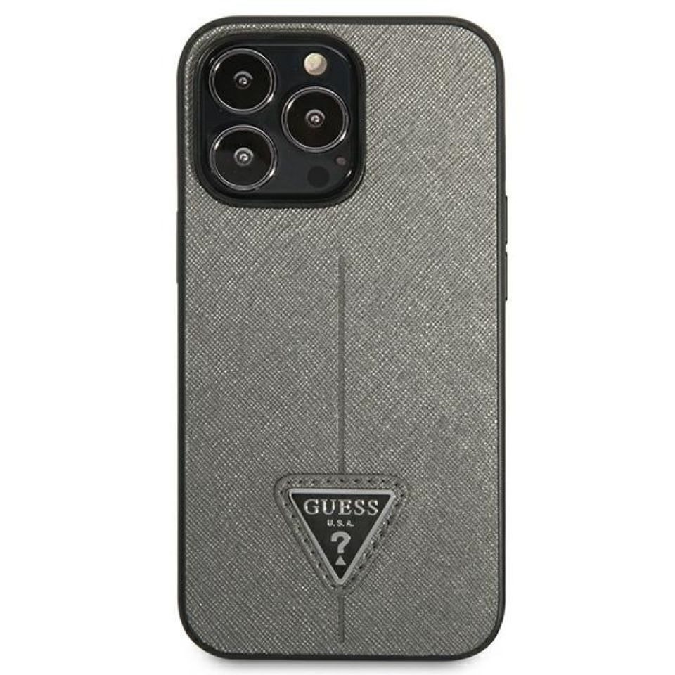 Guess Handyhülle Case iPhone 14 Pro silber schwarz Logo Metall Triangle 6,1 Zoll, Kantenschutz