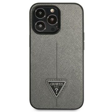 Guess Handyhülle Case iPhone 14 Pro silber schwarz Logo Metall Triangle 6,1 Zoll, Kantenschutz