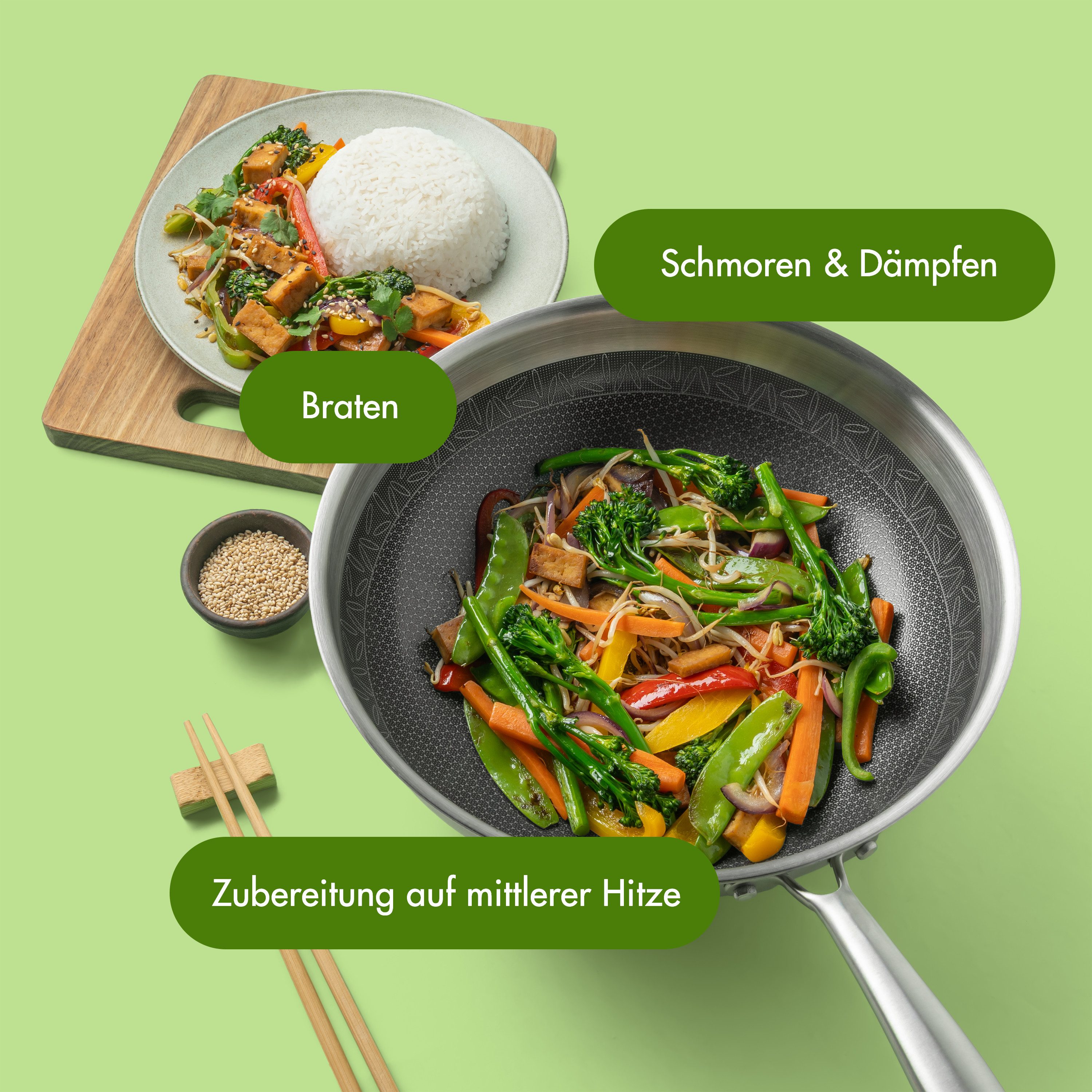 Reishunger Wok Premium aus Edelstahl – Für alle Herdarten, Edelstahl (Wok mit Glasdeckel), für Induktions-, Ceran- oder Gasherd