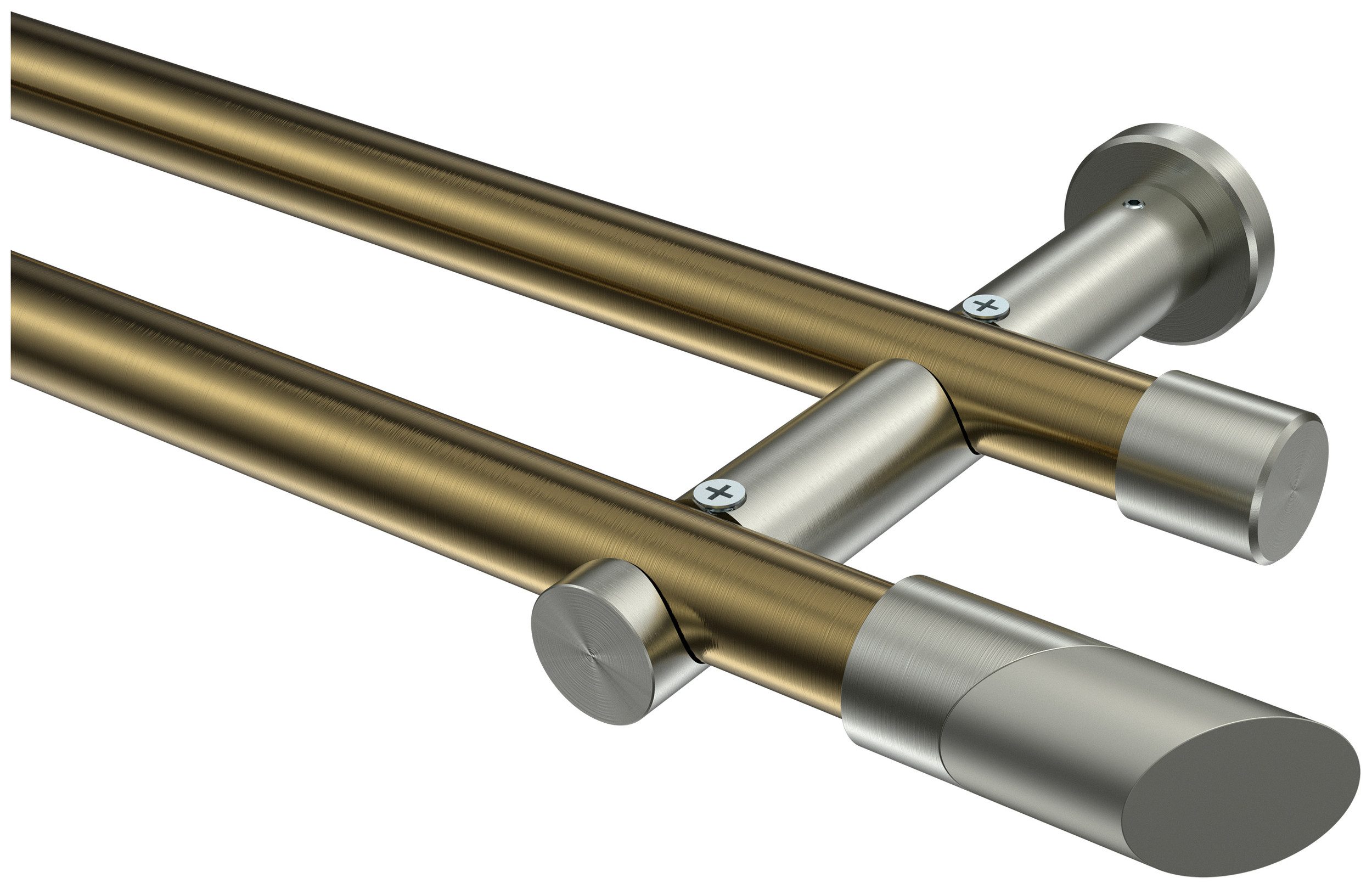 INTERDECO Gardinenstange Platon Verano, Ø 20 mm, 2-läufig, Fixmaß, kürzbar, Wandmontage, Metall, Messing Antik / Edelstahl-Optik / Bicolor