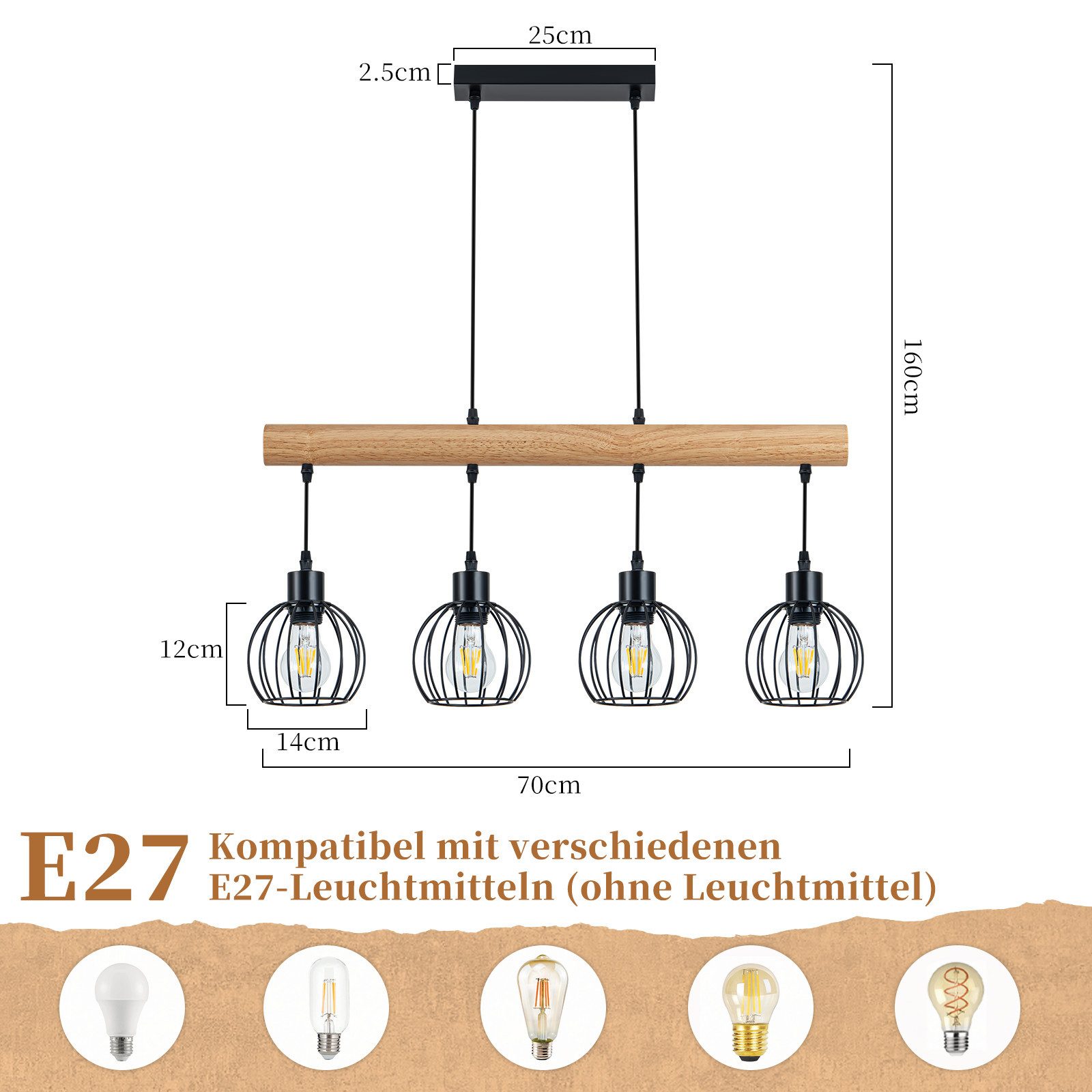 Nettlife Pendelleuchte Vintage 3/4 flammig schwarz Hängelampe aus Holz im Industrial Design, ohne Leuchtmittel, Retro Hängeleuchte für Esstisch Küche Wohnzimmer Bar Eisen
