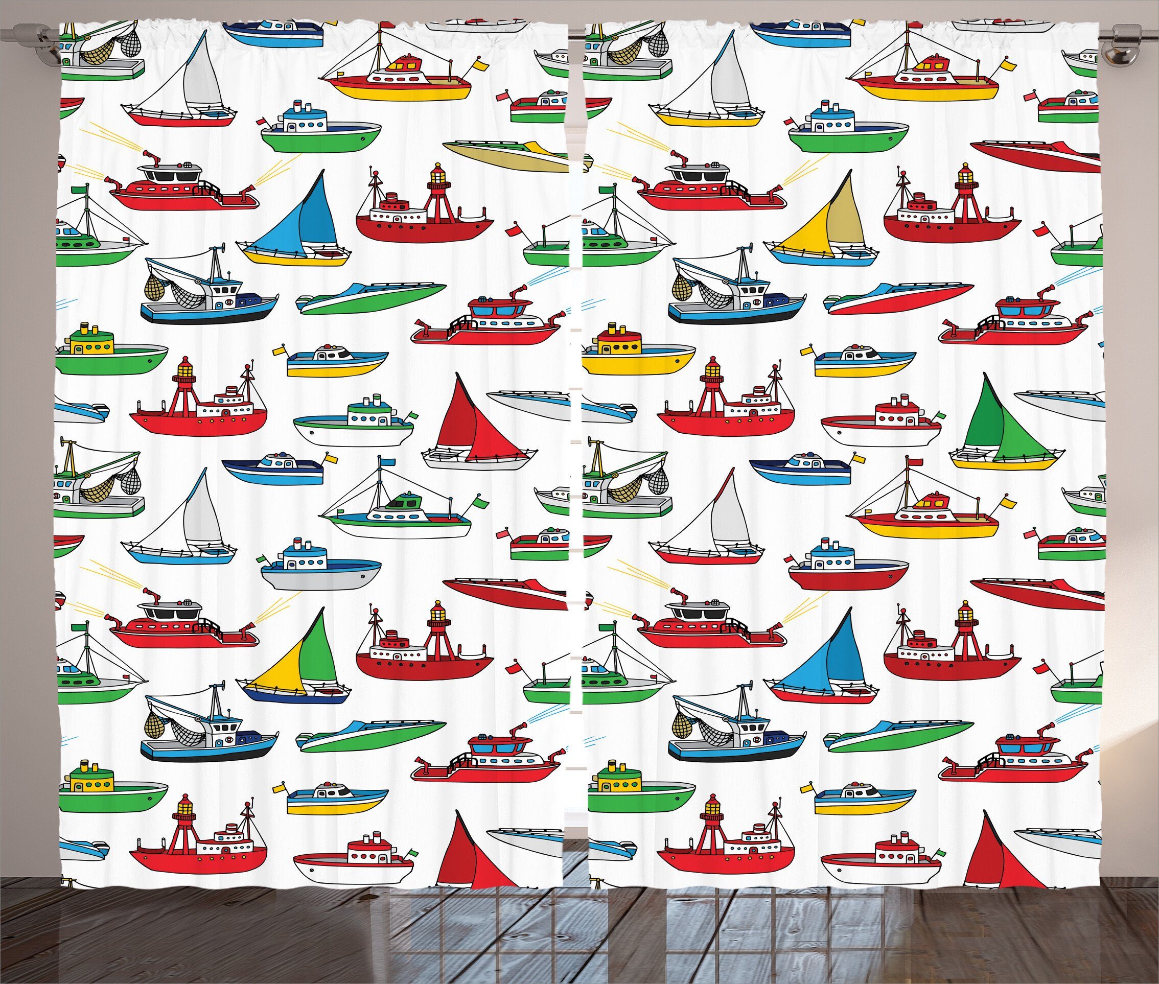 Kind Gardine Haken, Abakuhaus, Vorhang Cartoon mit Schlaufen Schlafzimmer Kräuselband Fischerboote und
