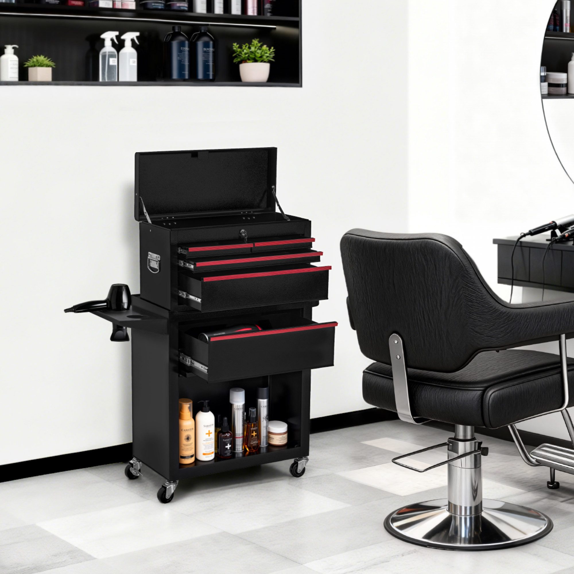 Barberpub Rollwagen BarberPub 2 in 1 Friseurwagen mit 5 Schubladen, mit Rollen, 0097, mit Rollen, mit Schrank & Haken, abschließbar