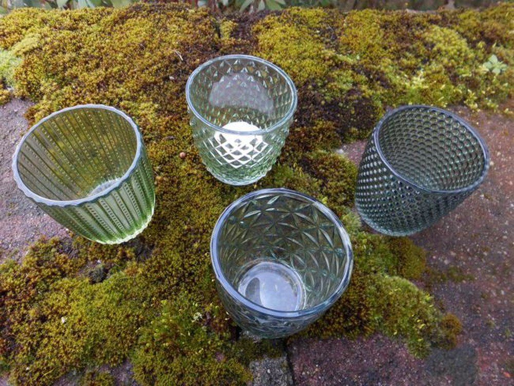 Deko-Impression Teelichthalter Windlichtgläser 4er-Set Teelichthalter St) (4 verziert grün Glas Windlicht