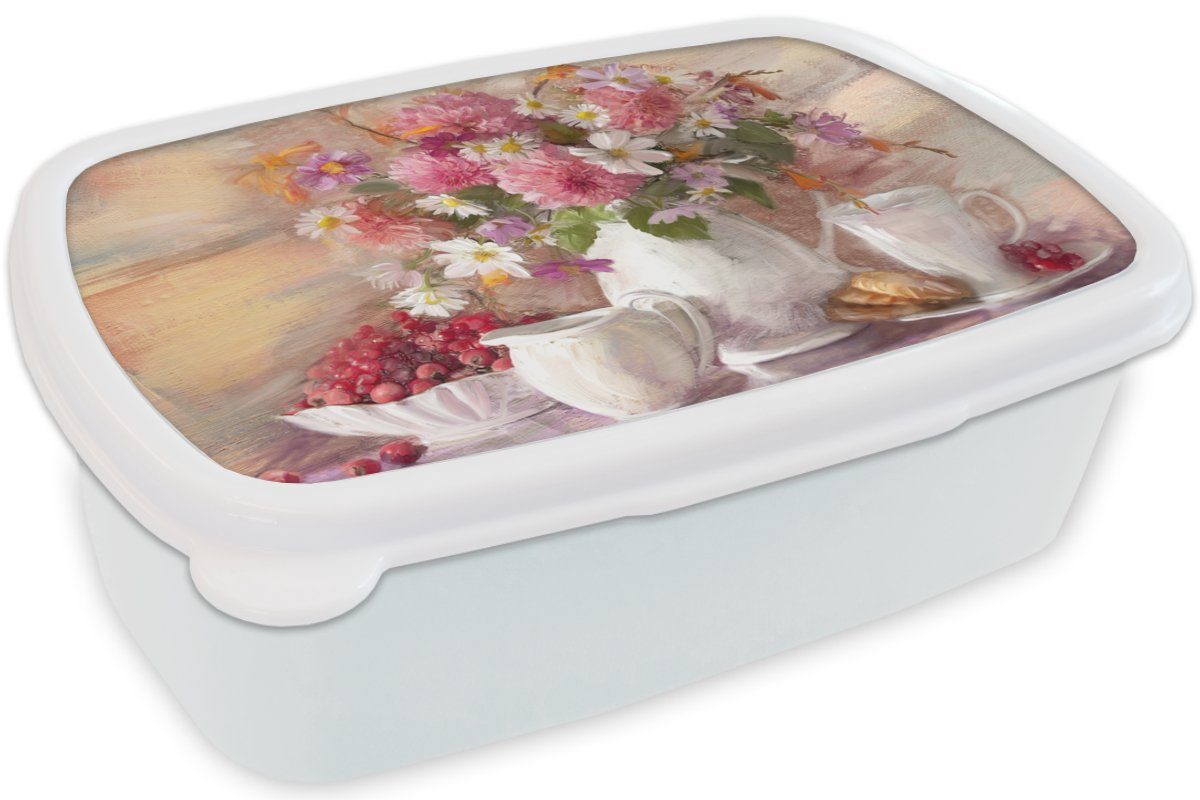 Jungs Kunststoff, Kinder und Mädchen Lunchbox - Vase Ölfarbe, für MuchoWow Brotbox - Brotdose, weiß Gemälde - (2-tlg), für und Erwachsene, Blumen