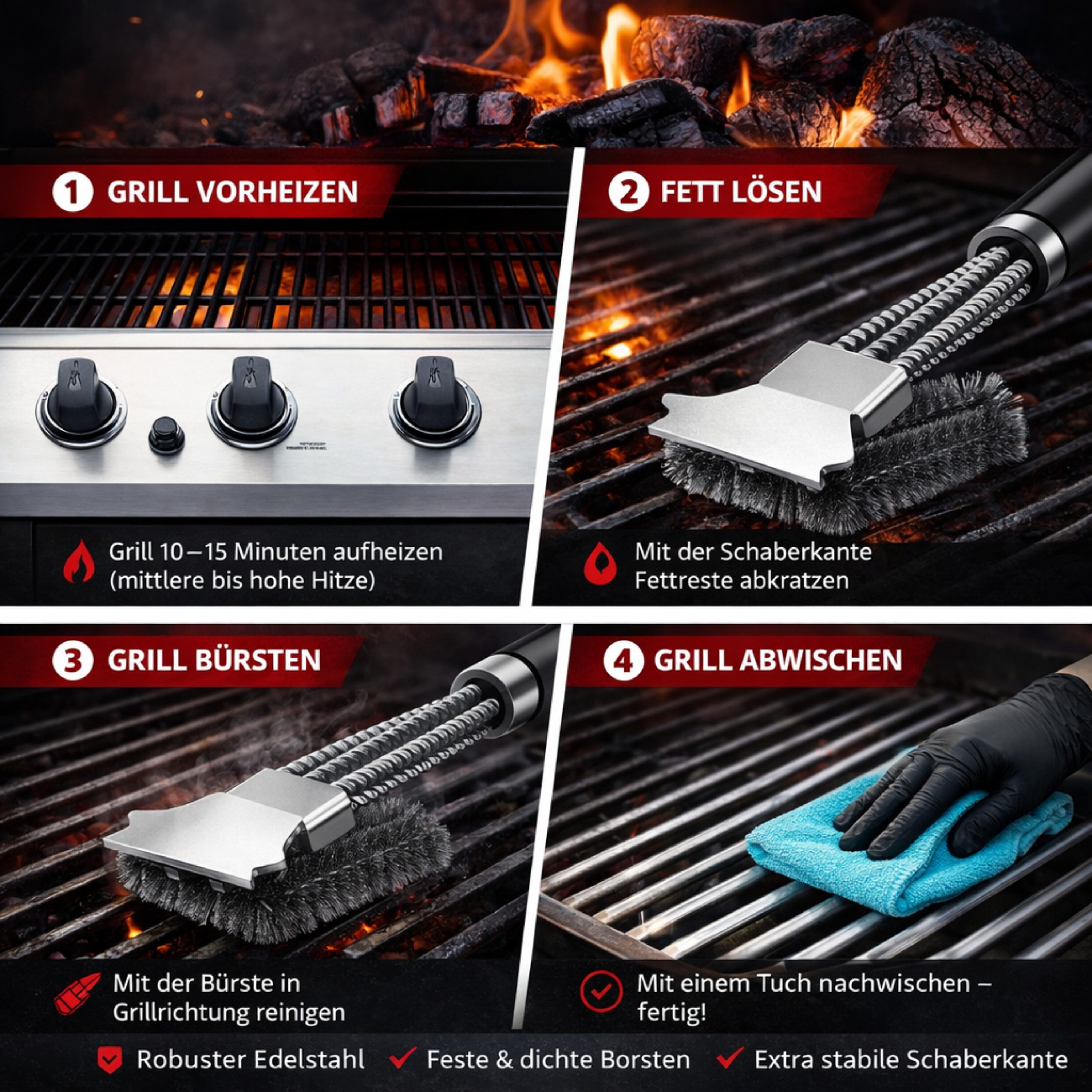 RUHE Grillbürste Profi Grill Reinigungsbürste BBQ Bürste Langer Edelstahl Borsten, Gasgrill, Holzkohlegrill, Kugelgrill, Elektrogrill und Grillrost, (BBQ Reinigungsbürste, 1-tlg., Outdoor), Grillrost Bürste Gasgrill Holzkohlegrill Kugelgrill Elektrogrill