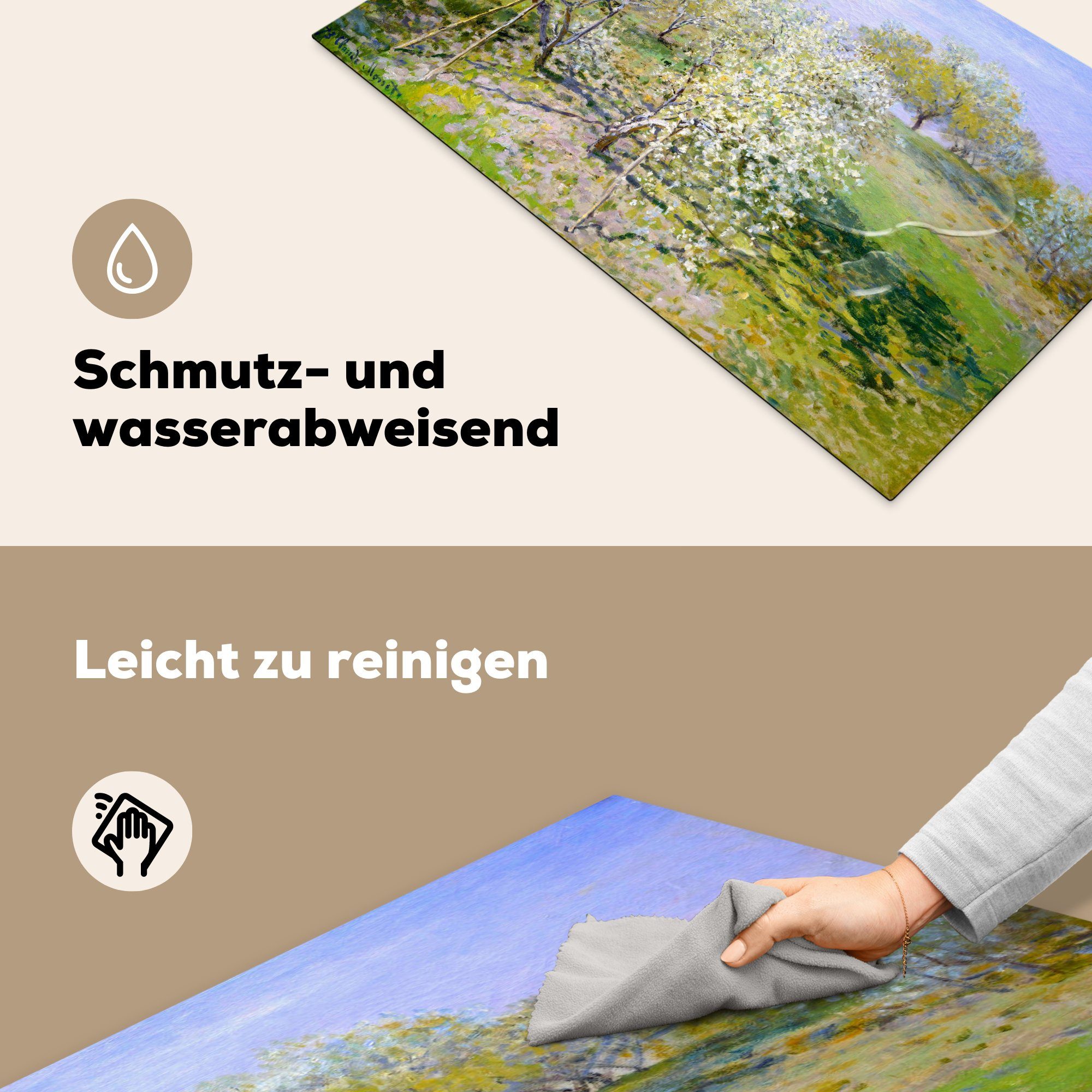 Vinyl, - Ceranfeldabdeckung, Herdblende-/Abdeckplatte Arbeitsplatte Gemälde Blühende von (1 83x51 küche Claude Apfelbäume MuchoWow für Monet, tlg), cm,