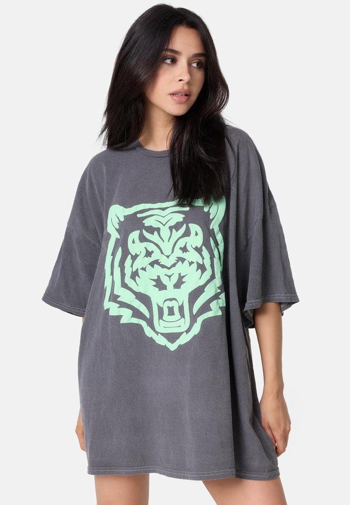 Worldclassca Print-Shirt Worldclassca Oversized T-Shirt Print lang Sommer Animal Grau Oberteil Tee