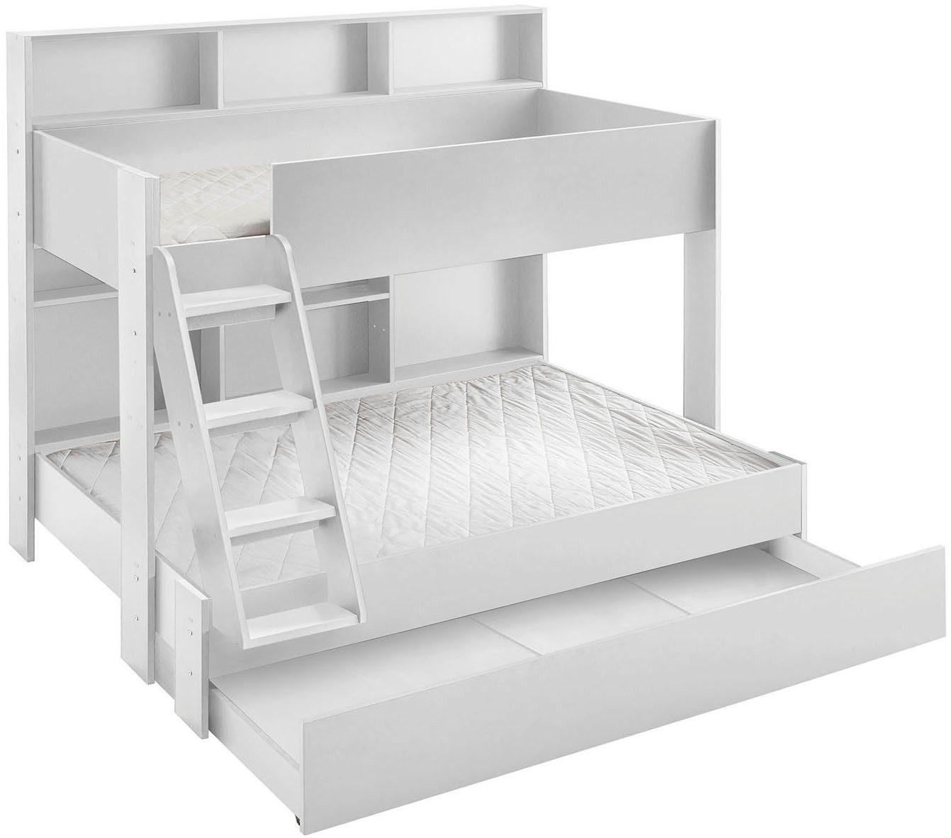 Relita Etagenbett viel Stauraum, pflegeleichte Melamin Oberfläche, 3 Farben zur Wahl (viele Regalfächer an der Bettrückseite, inkl. Schublade auf Rollen), viel Stauraum, pflegeleichte Melamin Oberfläche, 3 Farben zur Wahl