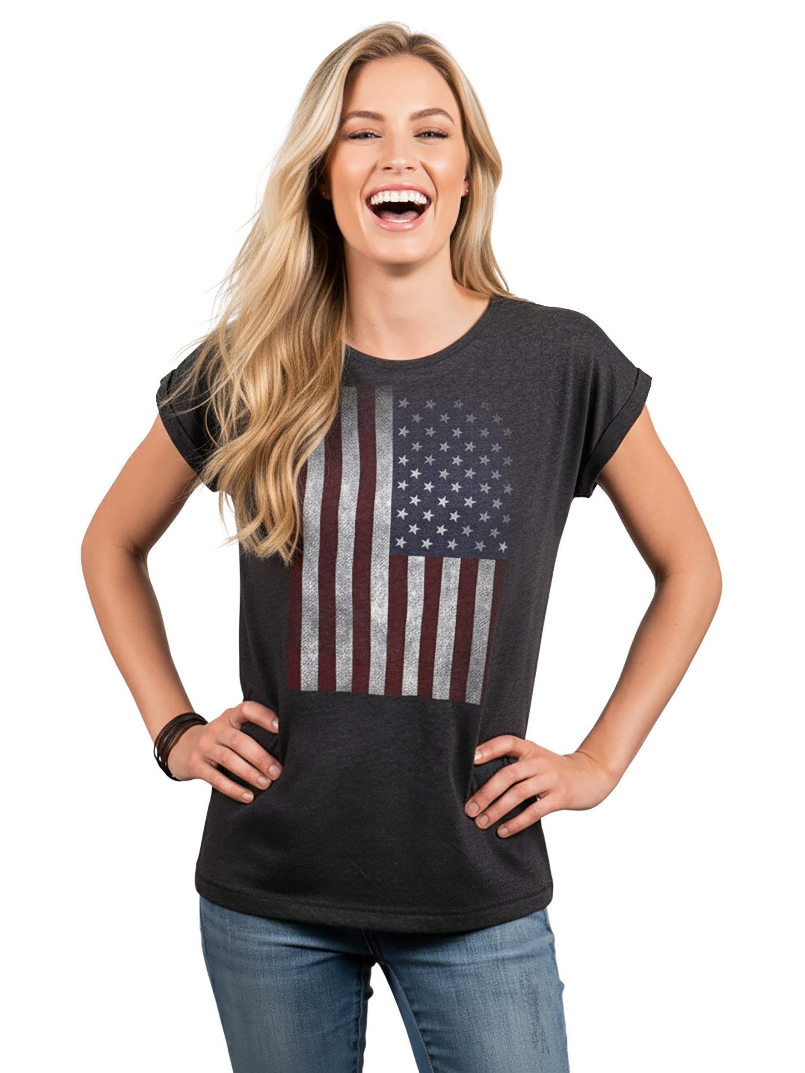MAKAYA Print-Shirt Damen USA Flagge Vintage Amerika Fahne Tunika Top Sommer Oberteile (Kurzarm, schwarz, grau, blau) große Größen