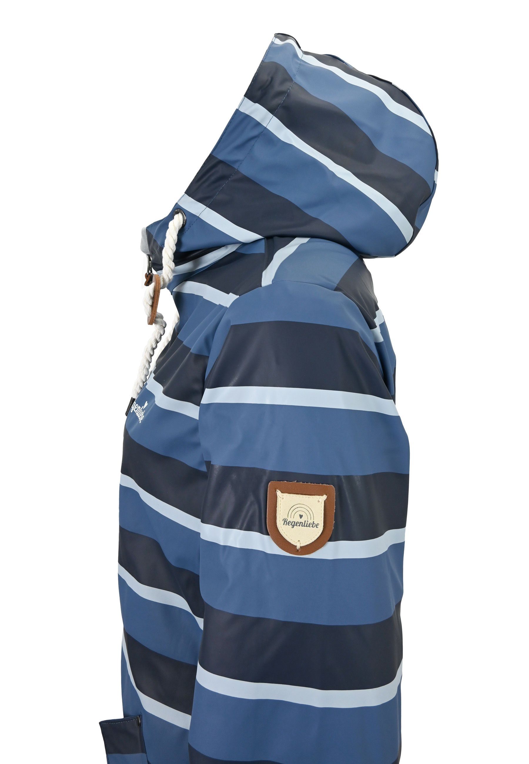 Regenliebe Regenmantel Friesennerz blau Regenjacke halblang gestreift, wasserdicht winddicht