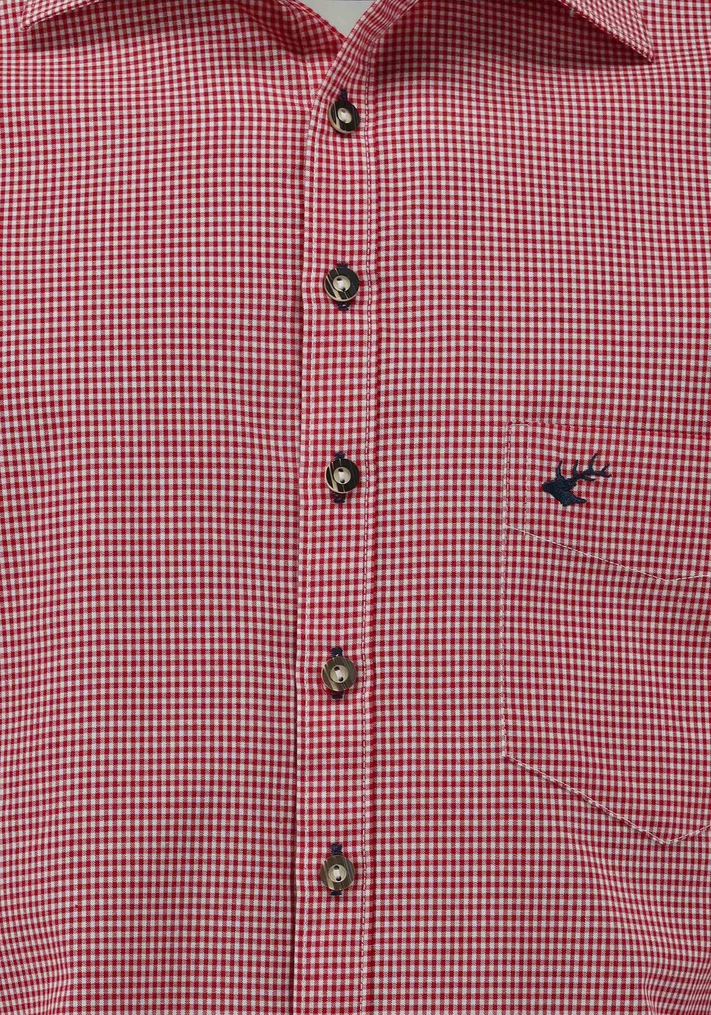 OS-Trachten Trachtenhemd Wacodu Langarmhemd Brusttasche auf der mit Hirsch-Stickerei hochrot