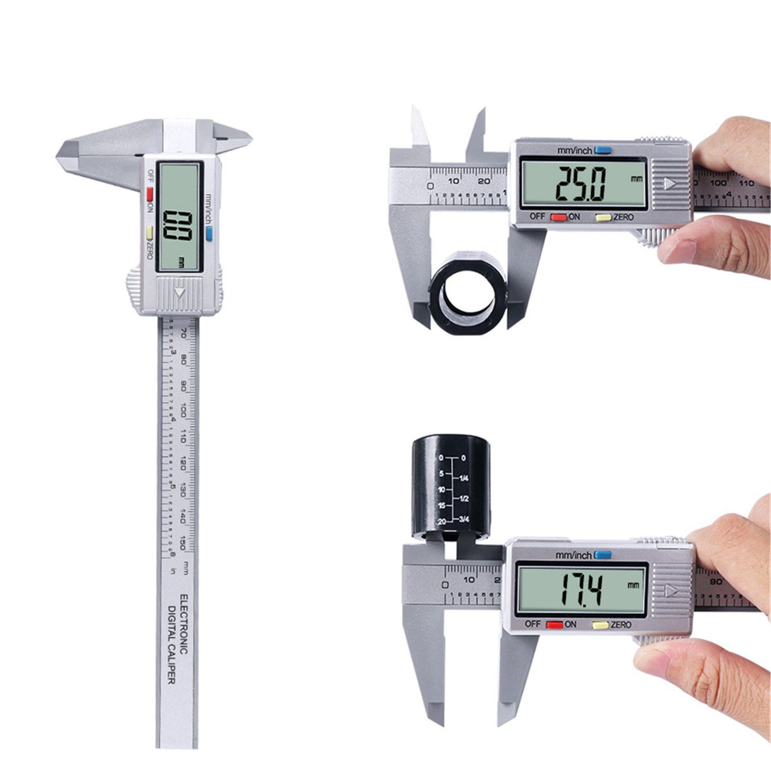 Olotos Messschieber Digitaler 0-150mm Schieblehre Messlehre mit LCD Display Batterie, automatische Abschaltung für Außen-, Innen- und Tiefenmaß Silber