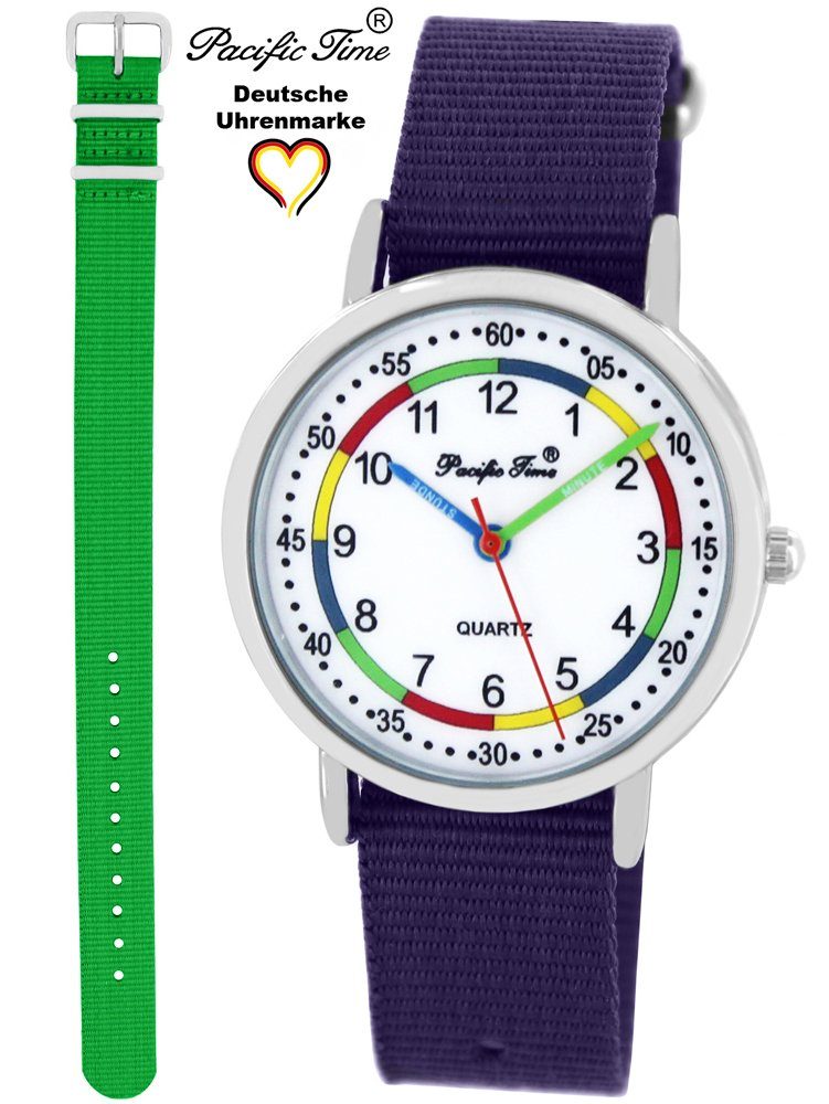 First Lernuhr - grün Armbanduhr violett Wechselarmband, Set Gratis Versand Time und und Kinder Mix Match Quarzuhr Pacific Design