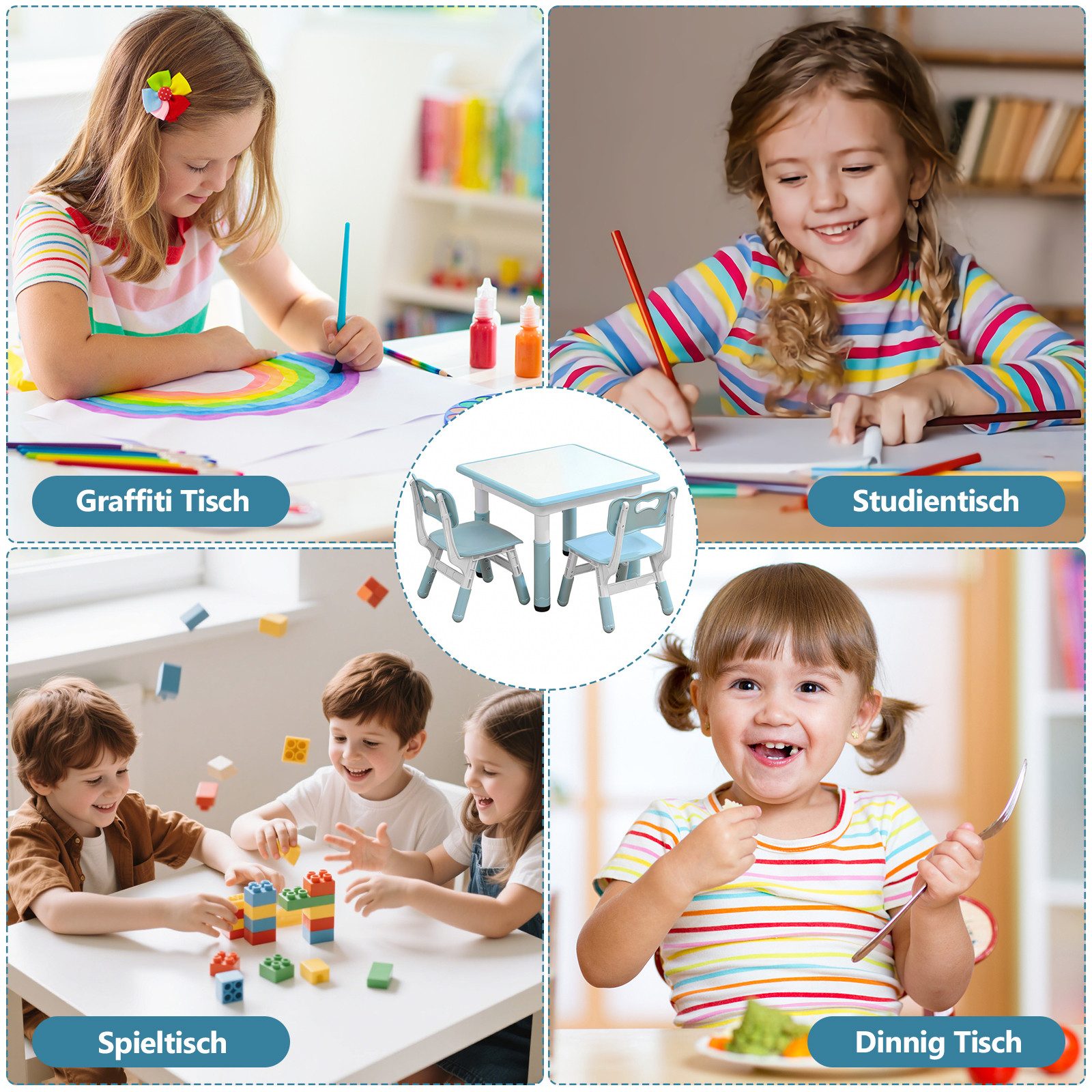 BlingBin Kindersitzgruppe Kindertisch mit 2 Stühlen, Kindermöbel Höhenverstellbar Sitzgruppe, (1er Set, 3-tlg., 1 Tisch, 2 Stühle), Tisch Stuhl Set für Kinderzimmer für Jungen Mädchen ab 2 Jahre