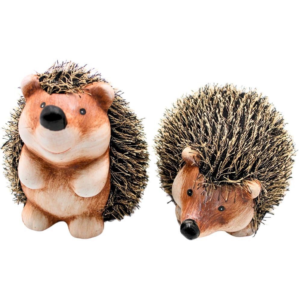 Dekohelden24 Gartenfigur XL Igel, Keramik - Garten Igel, Dekoigel mit Fell im 2er Set in braun, Größe ca. 17 x 11 x 9 cm.