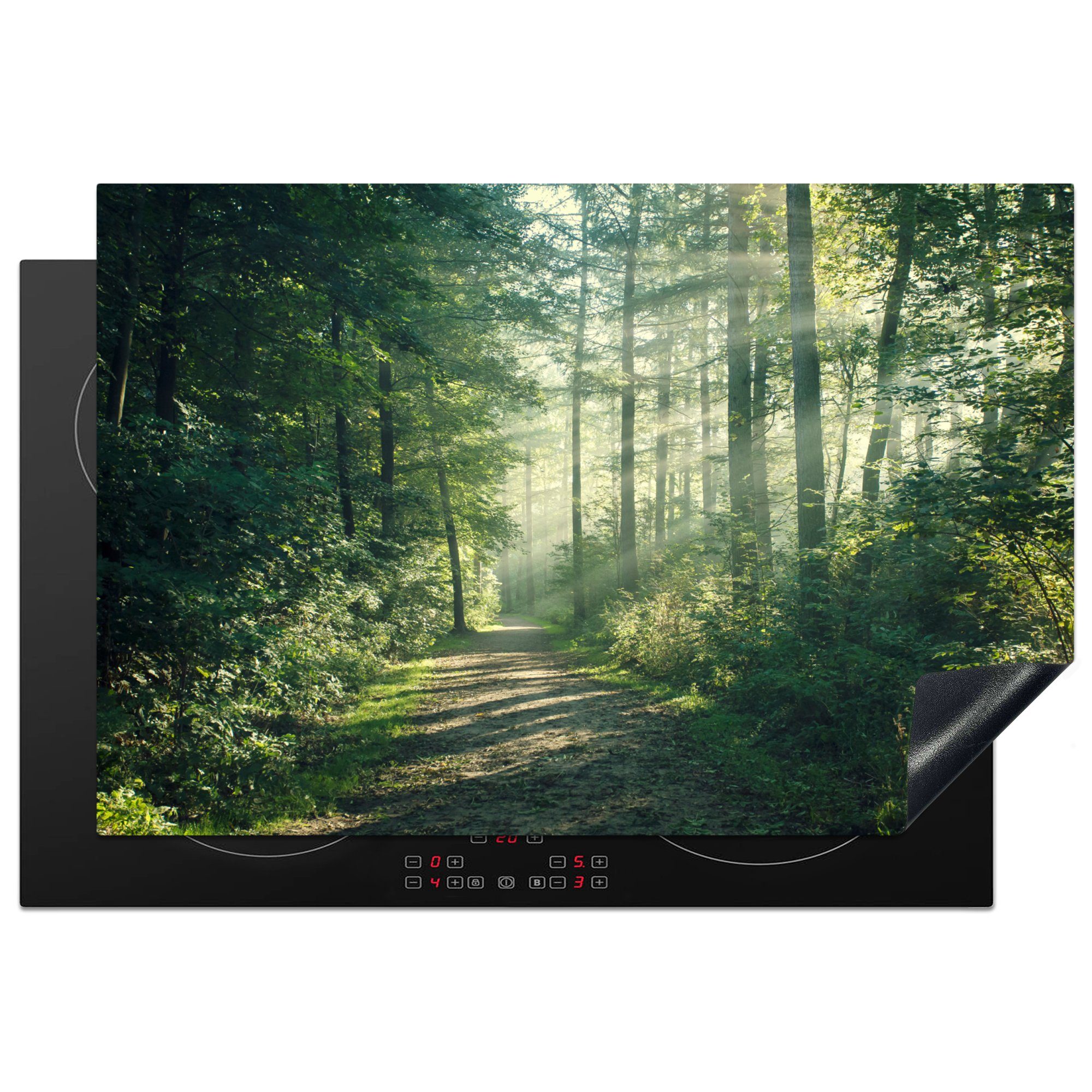 MuchoWow Herdblende-/Abdeckplatte Wald - Weg - Sonne - Bäume - Grün - Natur, Vinyl, (1 tlg), 77x51 cm, Ceranfeldabdeckung, Arbeitsplatte für küche