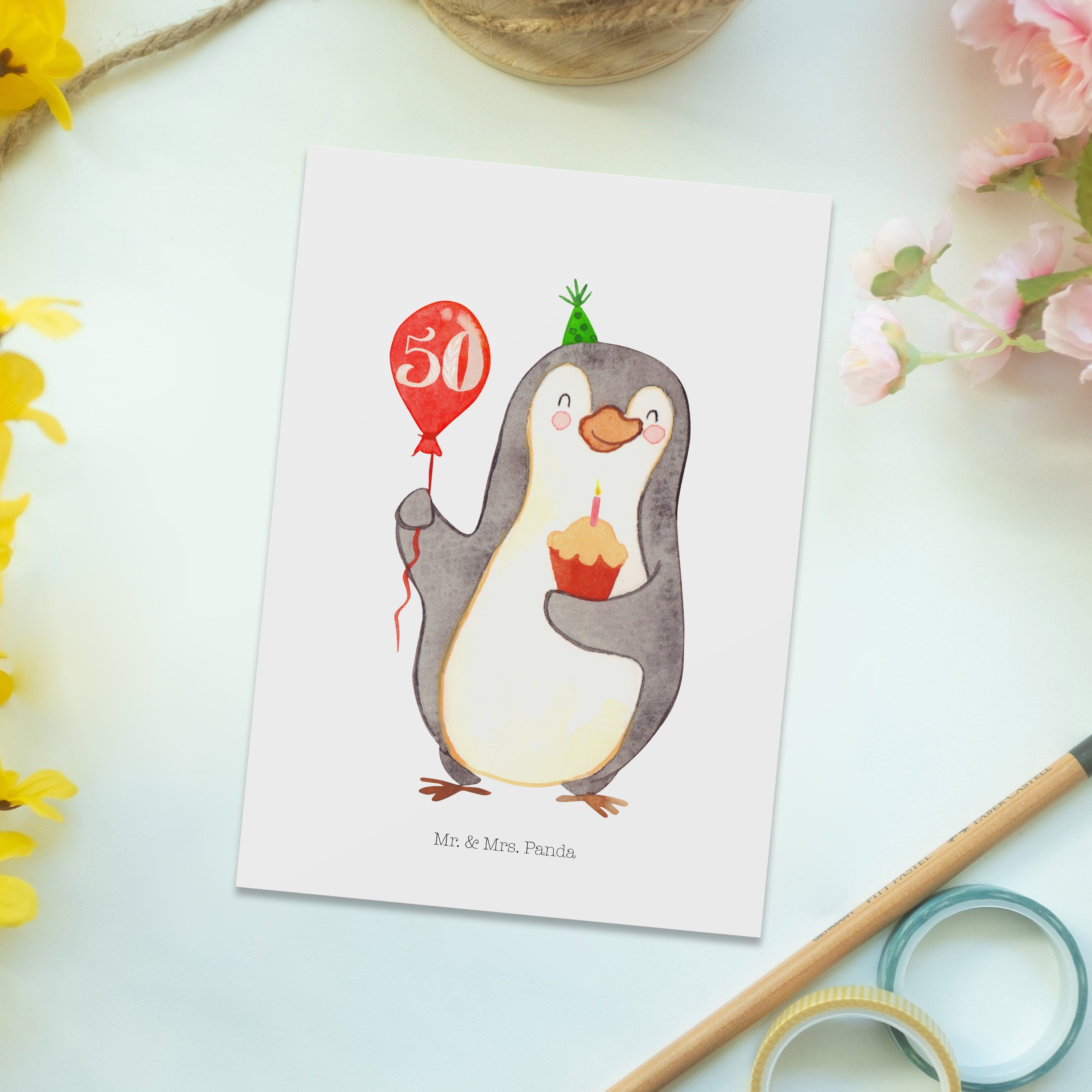 Mr. & Mrs. Panda Postkarte - Luftballon Geburtstag Herzliche 50. Pinguin Party, Geschenk, - Weiß