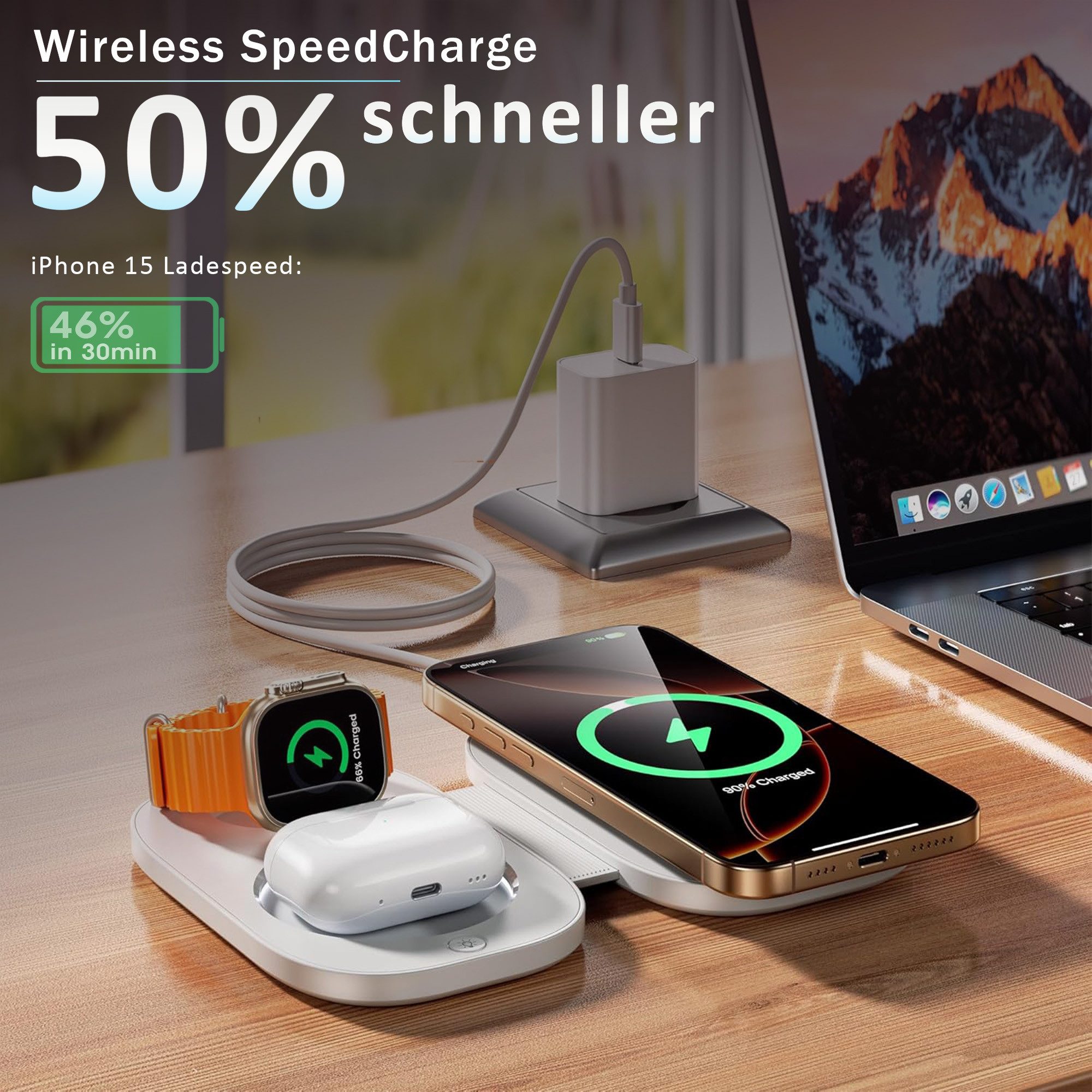 GreenHec Ladestation iPhone Apple Watch 3in1 LED MagSafe Wireless Charger Laden Wireless Charger (3000 mA, Spar-Set, 3in1 PowerBase + USB-C Kabel + 20w Dual Charger, 17 16 15 14 13 12 Pro Max Air Induktionsladegerät Kabellos Travel Base)
