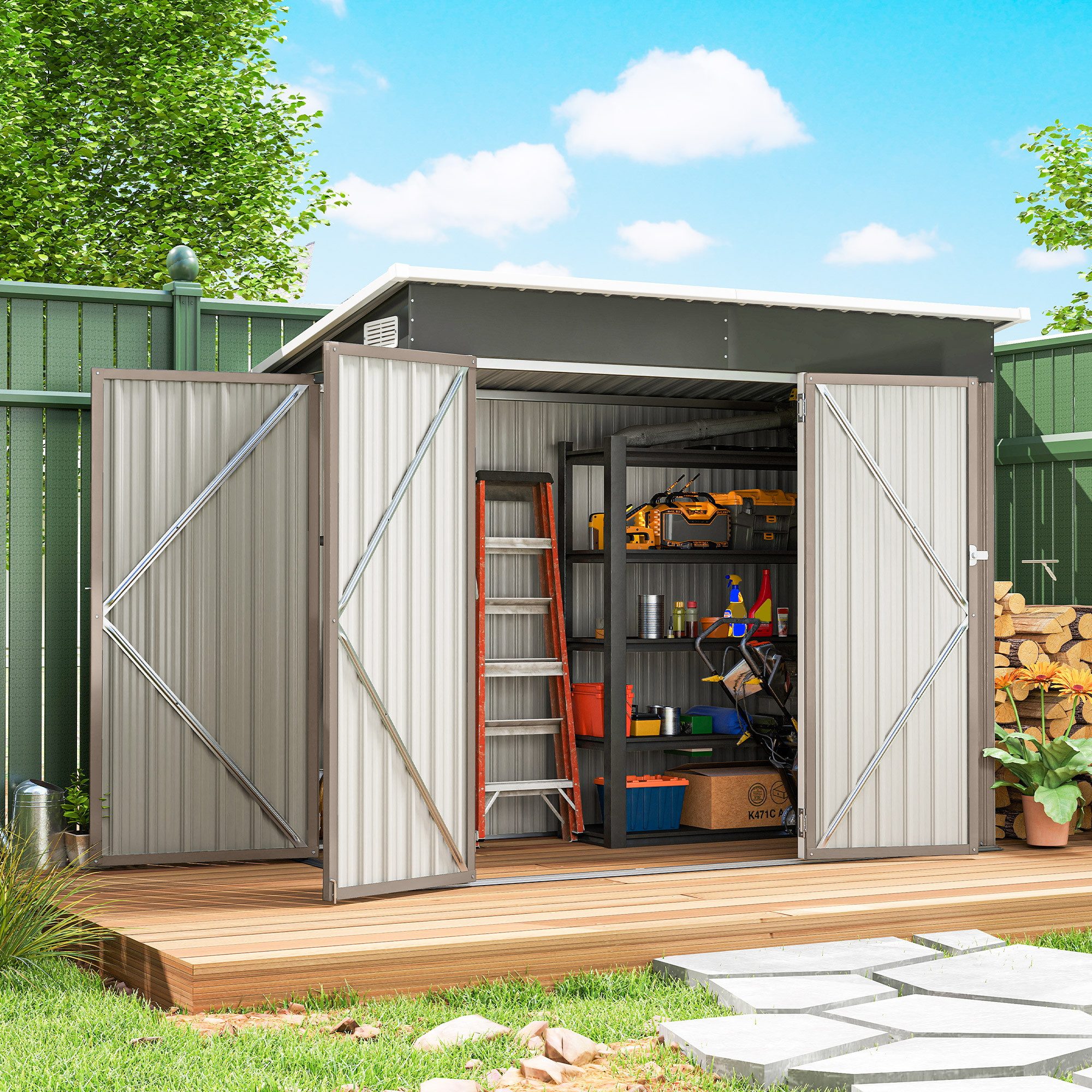 Outsunny Gerätehaus mit 3 Türen Lüftung Pultdach Handschuhen Schloss Schlüssel, BxT: 234x132 cm, (Outdoor Schuppen, 1 St., abschließbar Gartenschuppen), für Hinterhof Garten