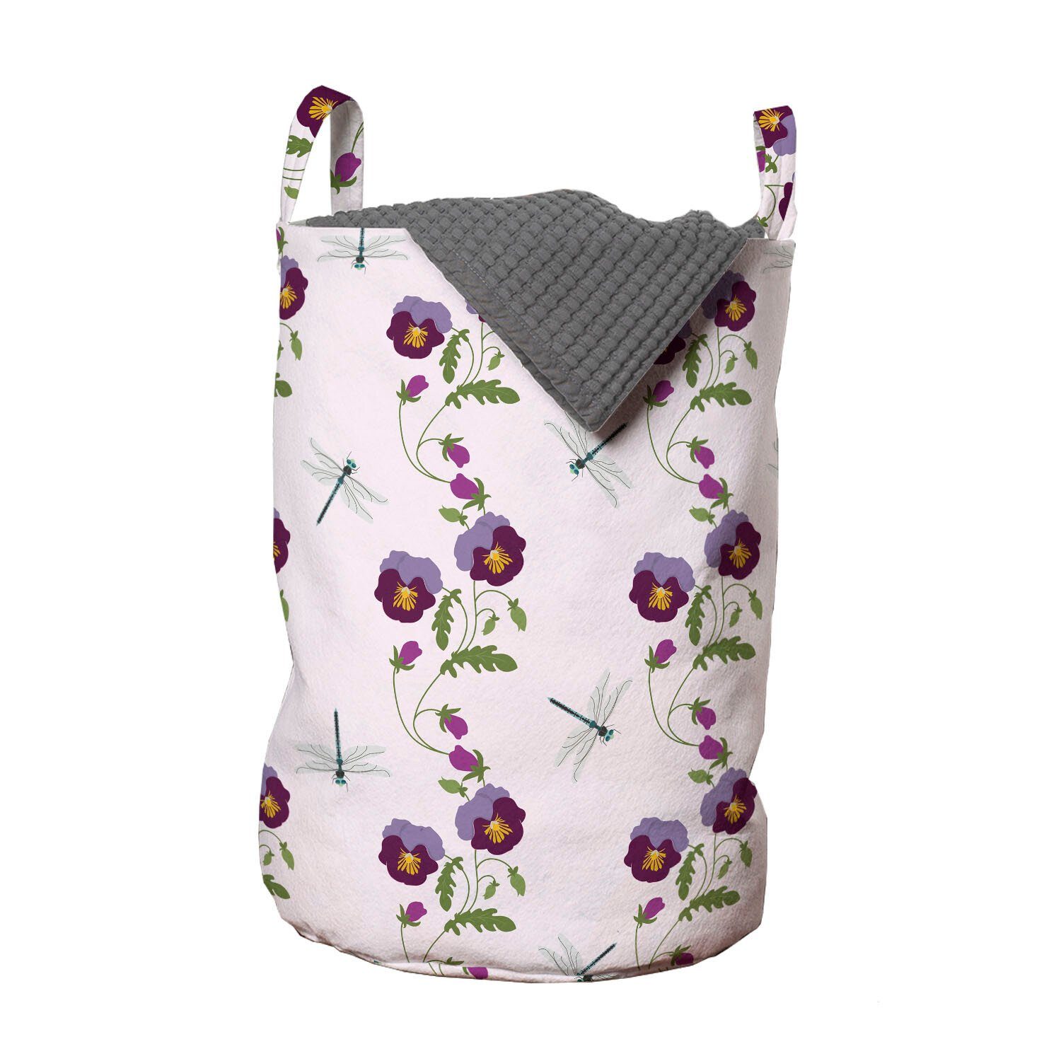 Abakuhaus Wäschesäckchen Wäschekorb mit Griffen Kordelzugverschluss für Waschsalons, Stiefmütterchen Vertikal-Libellen-Blumen