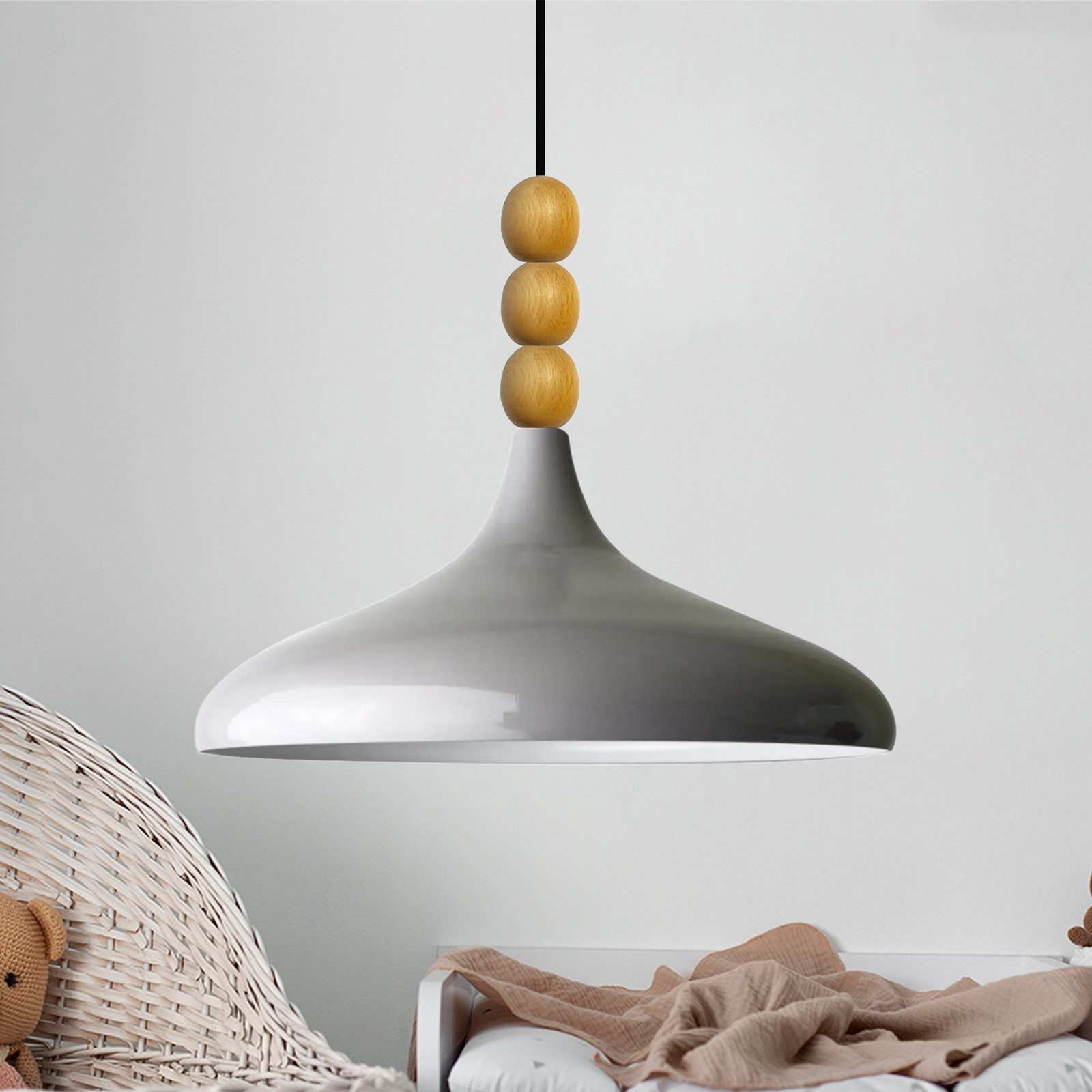 Bamyum Pendelleuchte Champion Dreifachperle-Holz Ø35 cm Metall E27 Modern Pendelleuchte, ohne Leuchtmittel